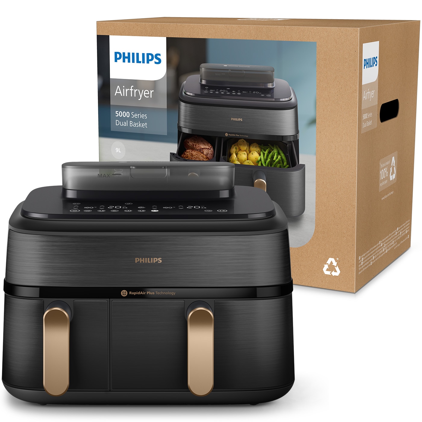 Philips Airfryer Series 5000 NA552/00 double fryer with hot air and steam, 2 cooking baskets, 9L capacity, digital display, touch screen, 12 preset programs, RapidAir Plus technology, Air Steam, Color: black with copper handle