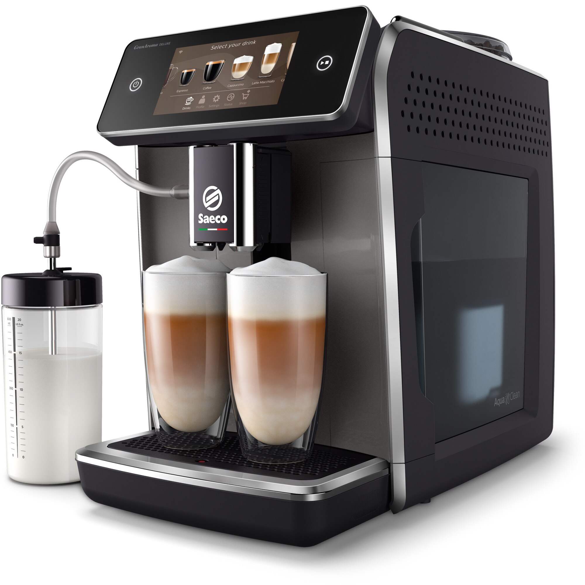 Espressor automat Saeco GranAroma Deluxe SM6682/10, 18 specialitati de cafea, ecran cu touch color 5", 6 profiluri de utilizator, 3 profiluri de gust presetate cu CoffeeMaestro, conectivitate, rasnita ceramica cu 12 trepte de macinare, negru