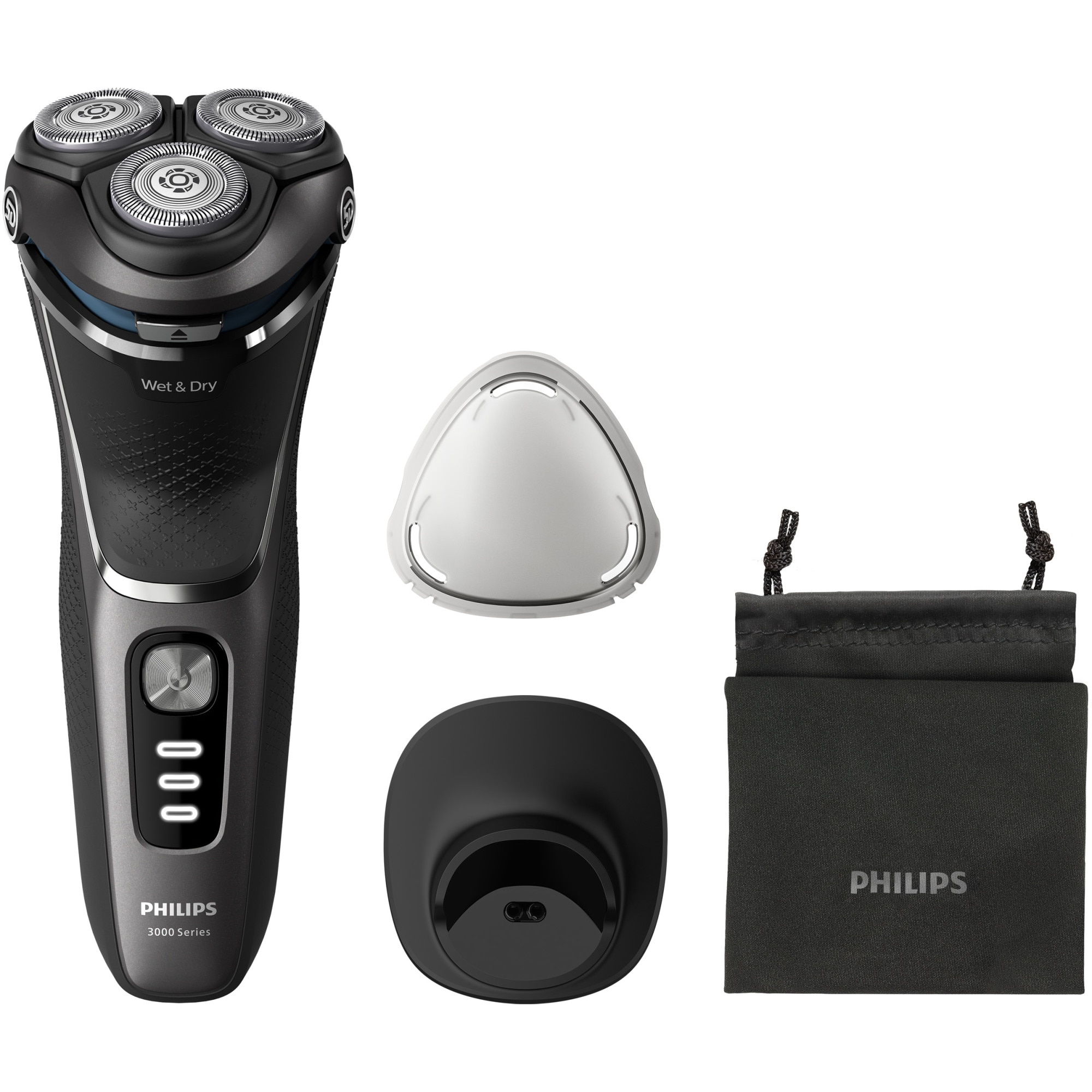 Aparat de ras PHILIPS Shaver Seria 3000 S3343/13, barbierit umed şi uscat, fara fir, capete 5D pivotante si flexibile, lame autoascutire, 60 min, sistem de barbierire anticoroziune, capac de protectie, suport de incarcare, Negru