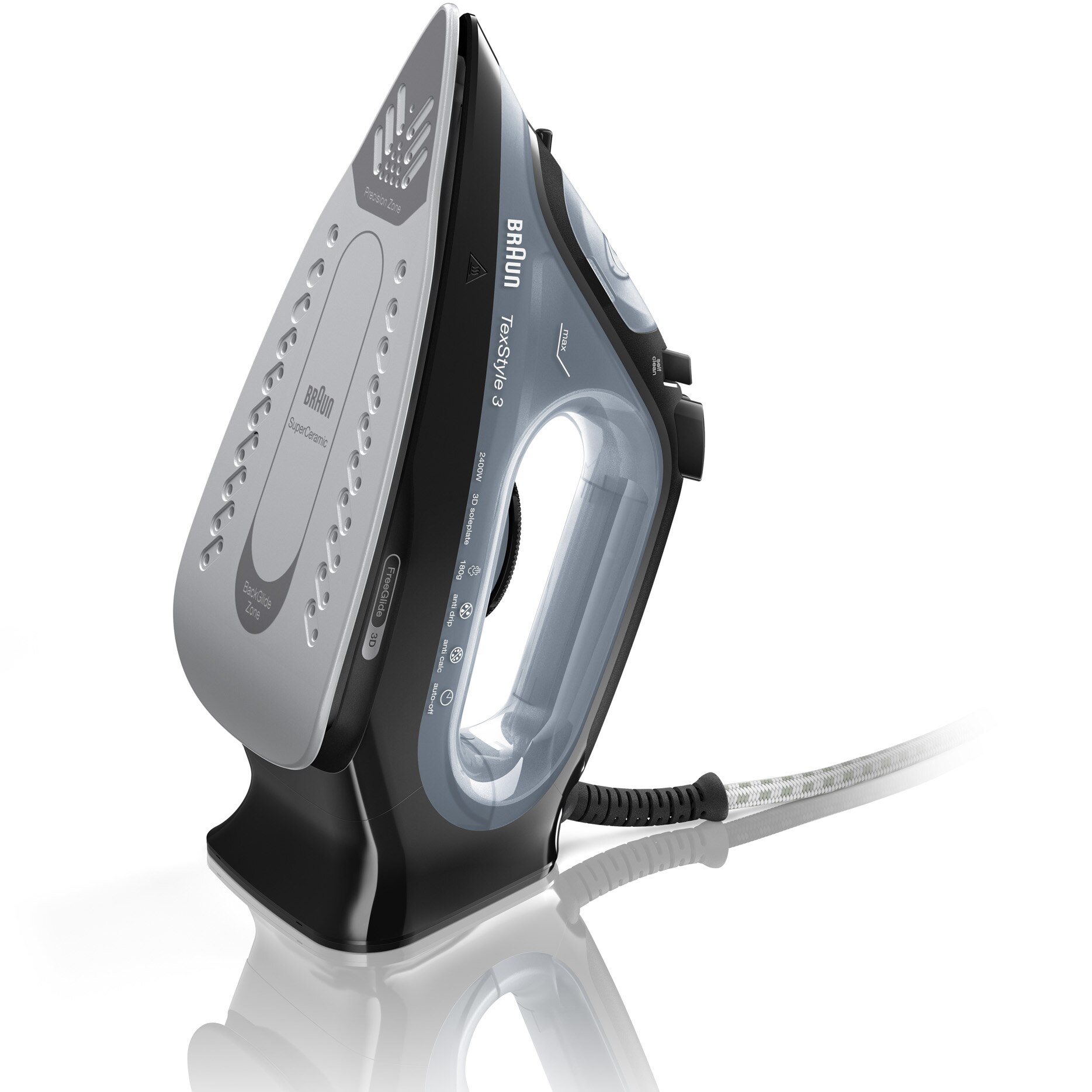 Braun TexStyle 3 SI3055BK iron, 2400 W, variable steam 45g/min, steam boost 180g/min, 270 ml tank, FreeGlide 3D technology, Super Ceramic soleplate, Black