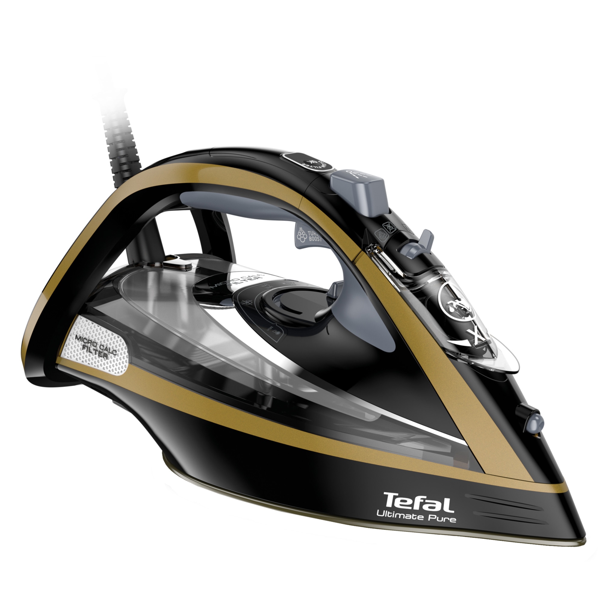 Iron Tefal Ultimate Pure FV9865, 3000 W, 250 g min, 350 ml, automatic stop, black gold