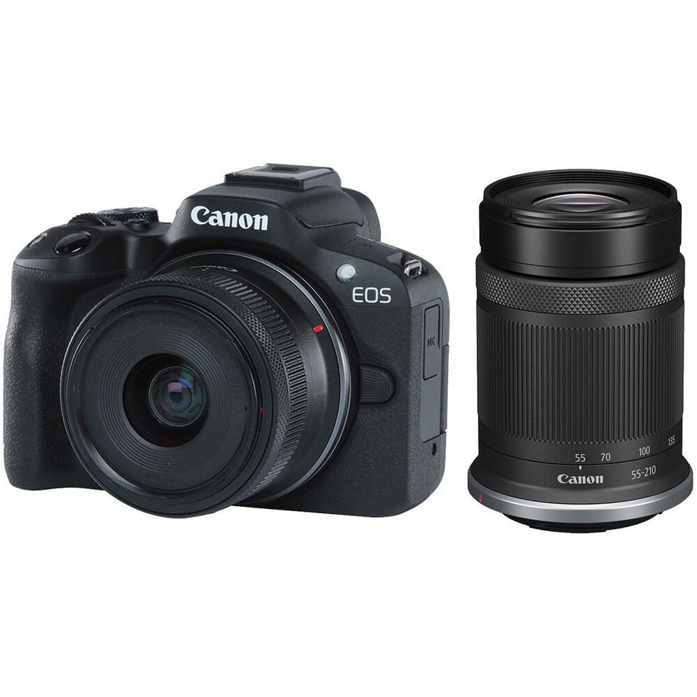 Aparat foto Mirrorless Canon EOS R50, 24.2MP, 4K + Obiectiv 18-45mm + Obiectiv 55-210mm, Negru