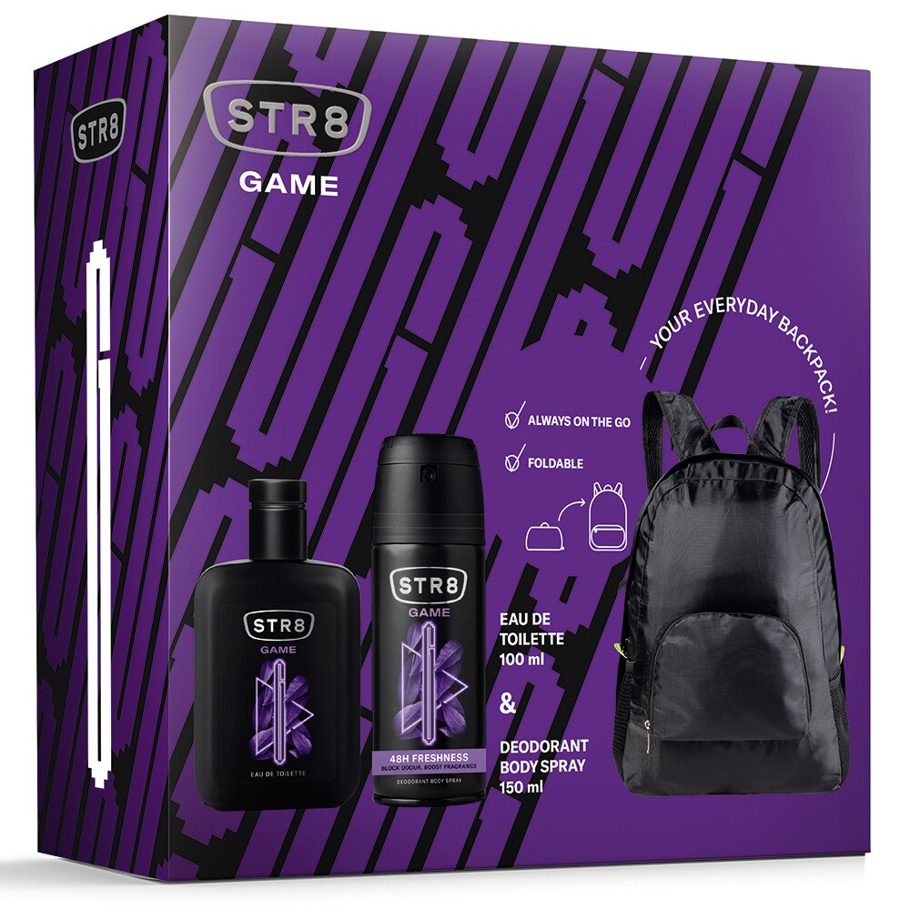 Set cadou STR8 Game: Apa de toaleta 100ml + Deodorant spray pentru corp, 150 ml + Borseta cadou