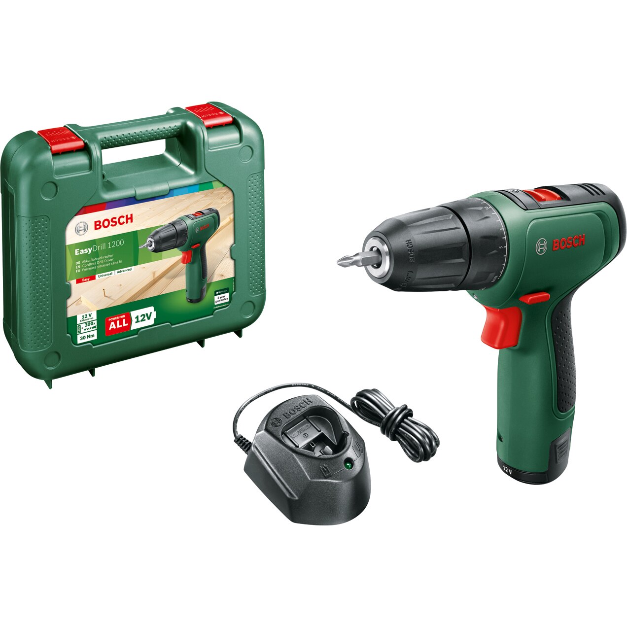 Bosch EasyDrill 1200 cordless drill/driver, 12 V, 1500 RPM, 30 Nm, battery, charger, screwdriver head, case