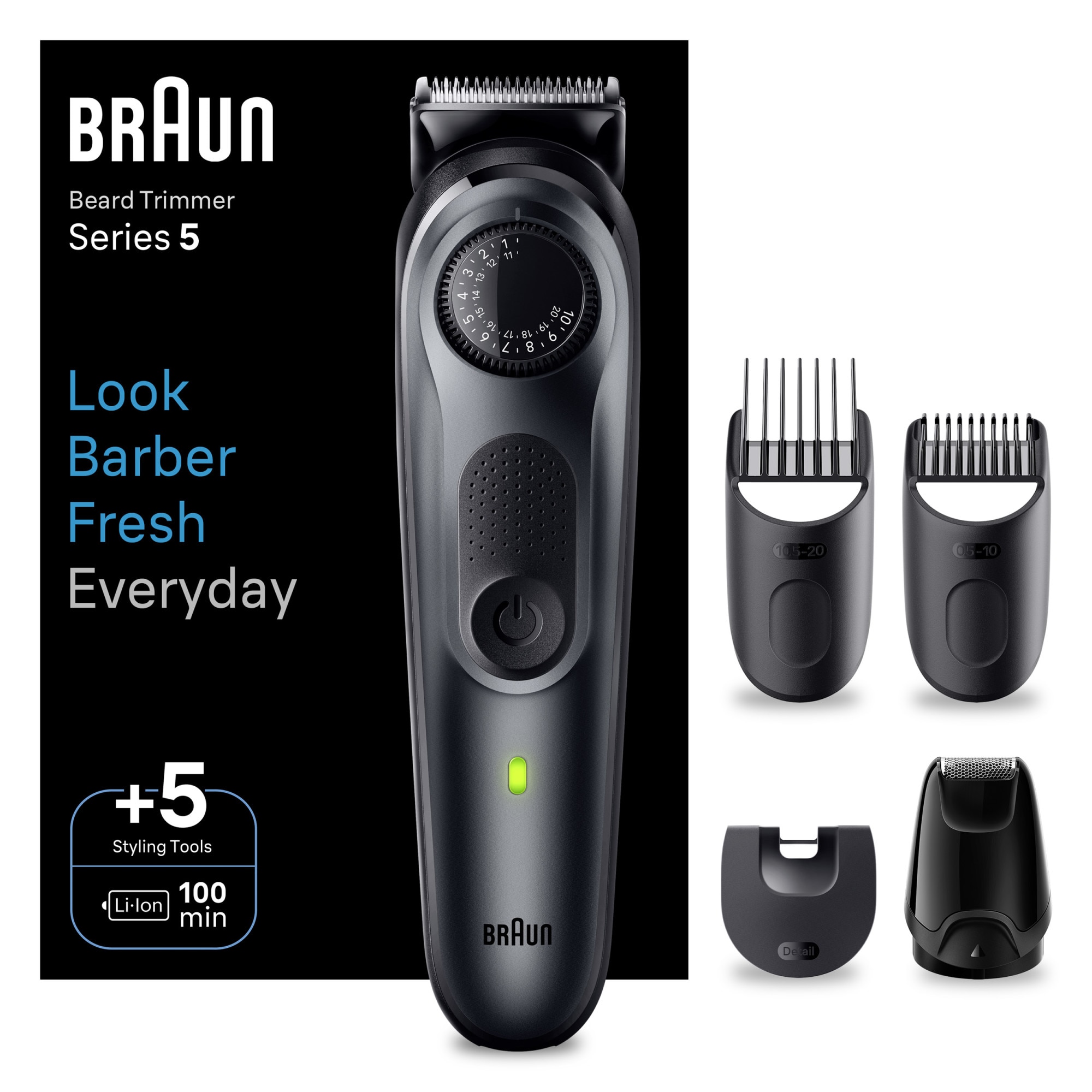 Aparat de tuns barba Braun Beard Trimmer BT5420, Wet&Dry, buton rotativ de precizie, 40 de setari pentru lungime, 1 mini-aparat de ras, 3 piepteni, autonomie 100 minute, Negru