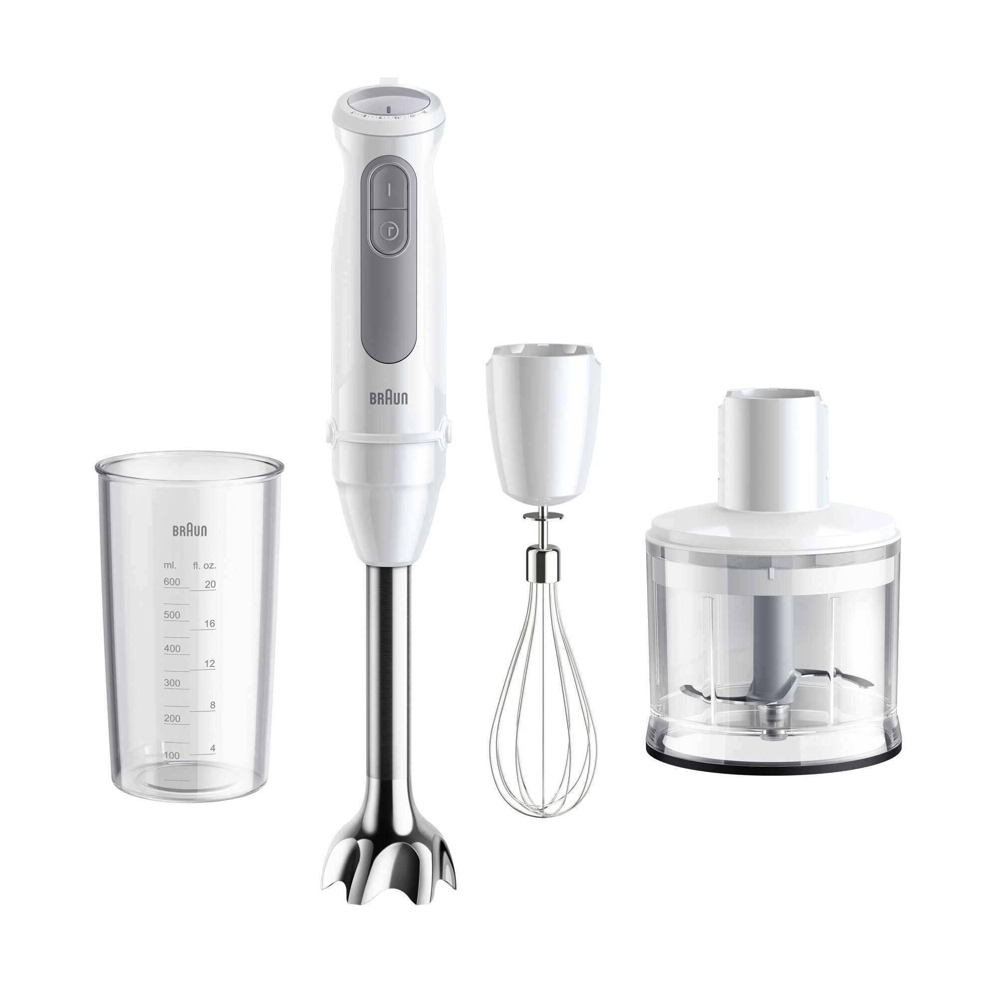Braun MQ50236M Stand Mixer, 1000W, 21 Speed, Turbo, 500ml Chopper, Whisk, 600ml Cup, White/Grey