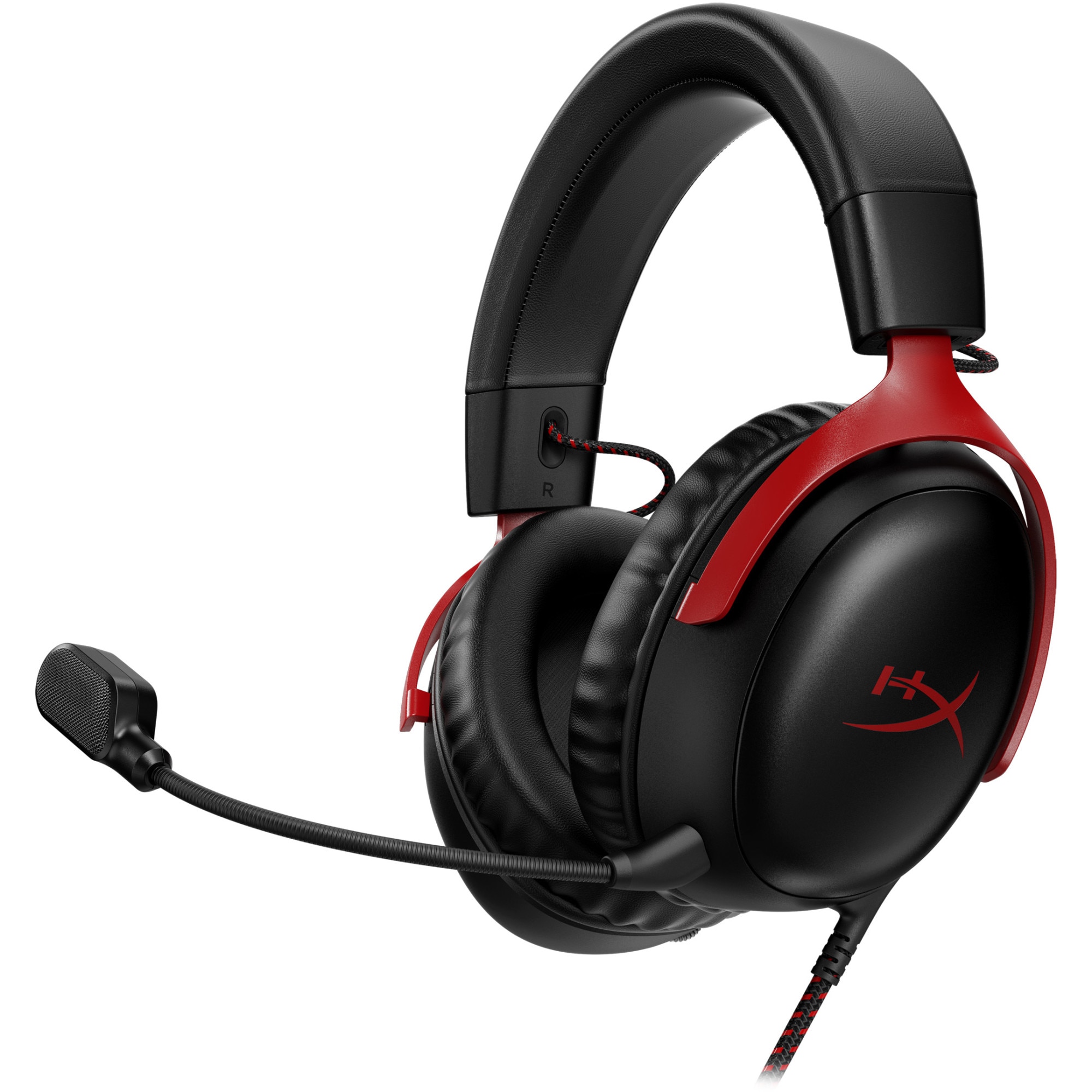 Casti Gaming HyperX Cloud III, DTS Headphone:X Spatial Audio, drivere 53mm, microfon detasabil cu metal mesh, noise cancelling si indicator LED, jack 3,5mm, USB-C, USB-A, cupe cu spuma cu memorie, multiplatforma, negru/rosu