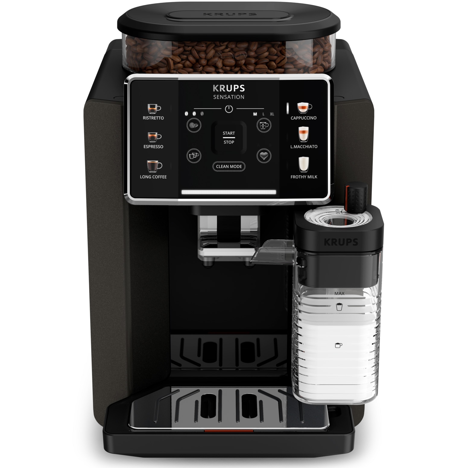 Krups Sensation Milk M50 EA912910 automatic espresso machine, 1450W, 15 bars, 6 recipes, touch screen, 260g coffee tank, 1.7l removable water tank, 3 temperature settings, 3-level grinder, Milk Maestro technology, black