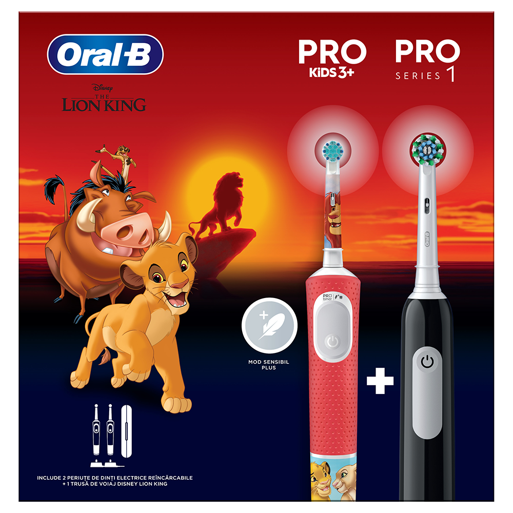 Oral-B Pro Kids Lion King Toothbrush Pack, 2D Clean, 2 Programs, 1 Head, 4 Stickers, Travel Kit, Red + Oral-B Pro 1, 3D Clean, 1 Program, Black