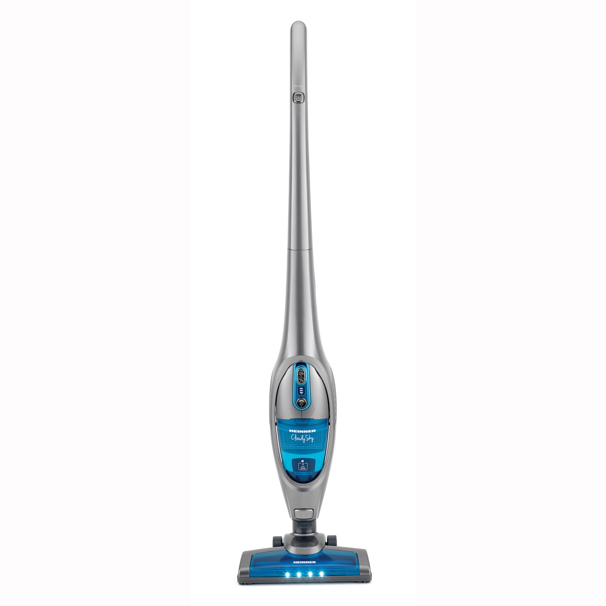 Heinner CloudySky HSVC-V21.6GR upright vacuum cleaner, cyclonic filtration system, dual use: upright or handheld vacuum cleaner, 22.2V Li battery, 110W, 2 speeds, max suction power 8kPa, 0.5L, brush with LED lights, blue/gray