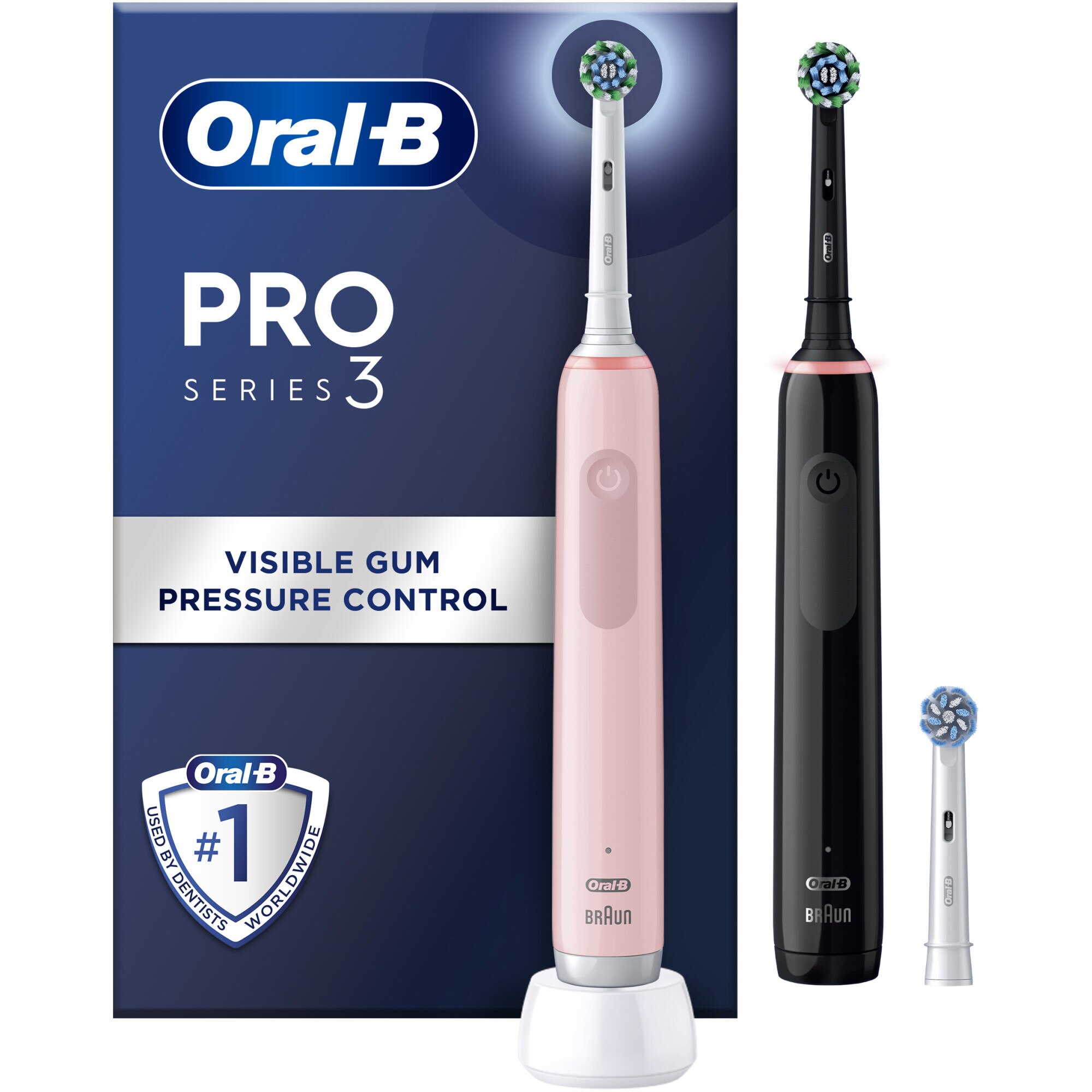 Set of 2 Oral-B Pro 3 Cross Action Electric Toothbrush, 3D Clean, 3 Programs, 1 Head, Black/Pink