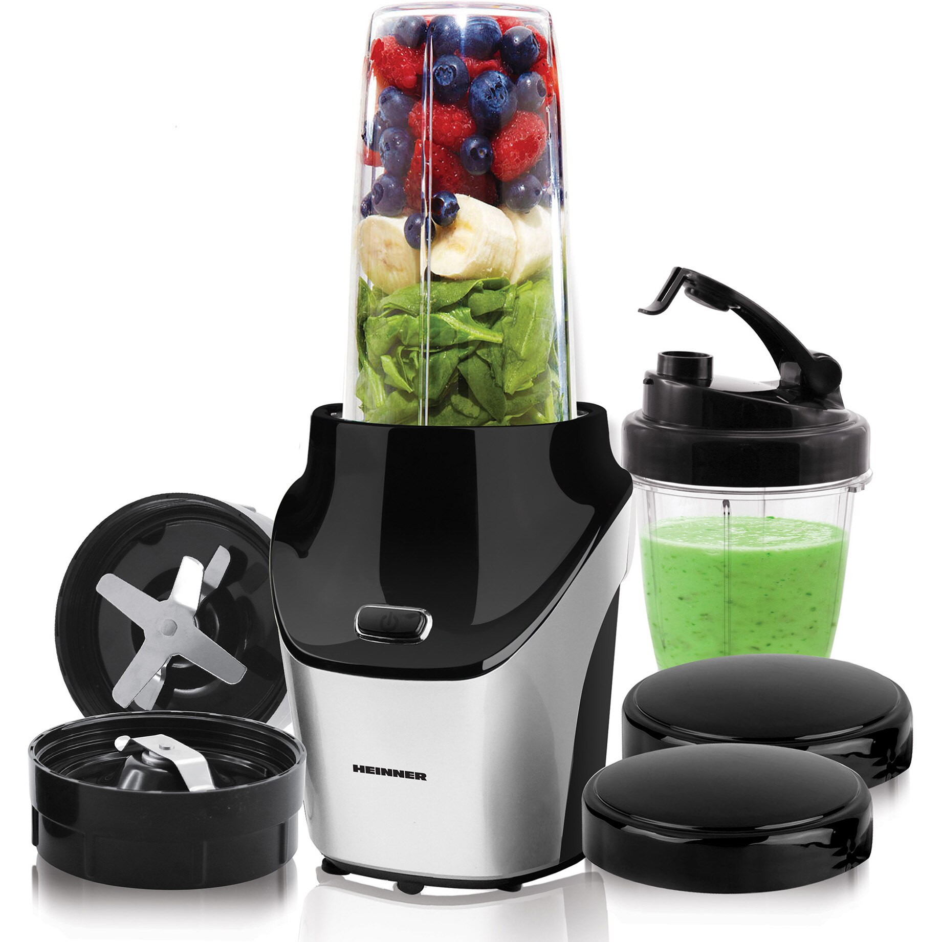 Heinner Vitamiser 1000 HSB-T1000SS sports blender, 1000W, BPA-free Tritan containers 1/0.45L, grinder included, ON/OFF button, 18000RPM, stainless steel blades, 2 additional lids, stainless steel housing, silver/black