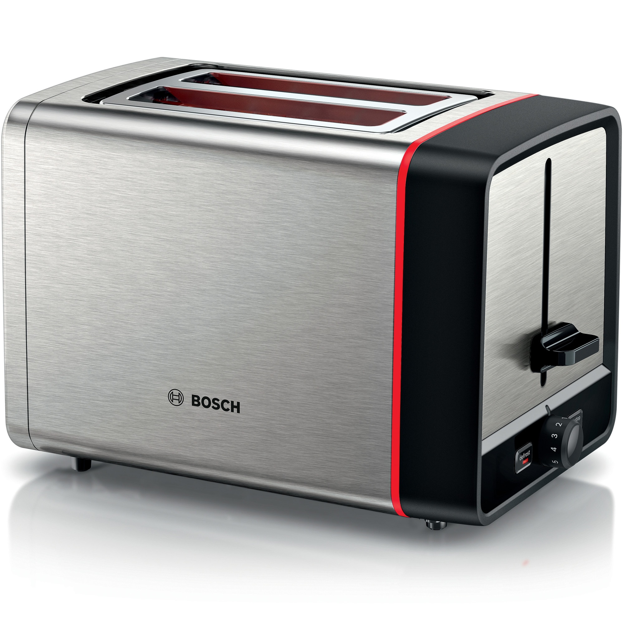 Bosch TAT6M420 toaster, defrost/reheat, good rack, high lift, auto shut-off, even browning, BPA-free, stainless steel.