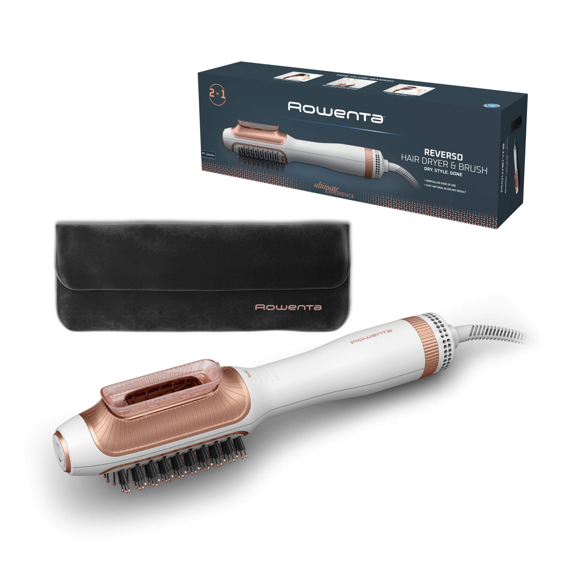 Rowenta Reverso 2 in 1 CF9820F0 hair dryer &amp; hot air brush, 2 speed/temp settings, case, white &amp; gold
