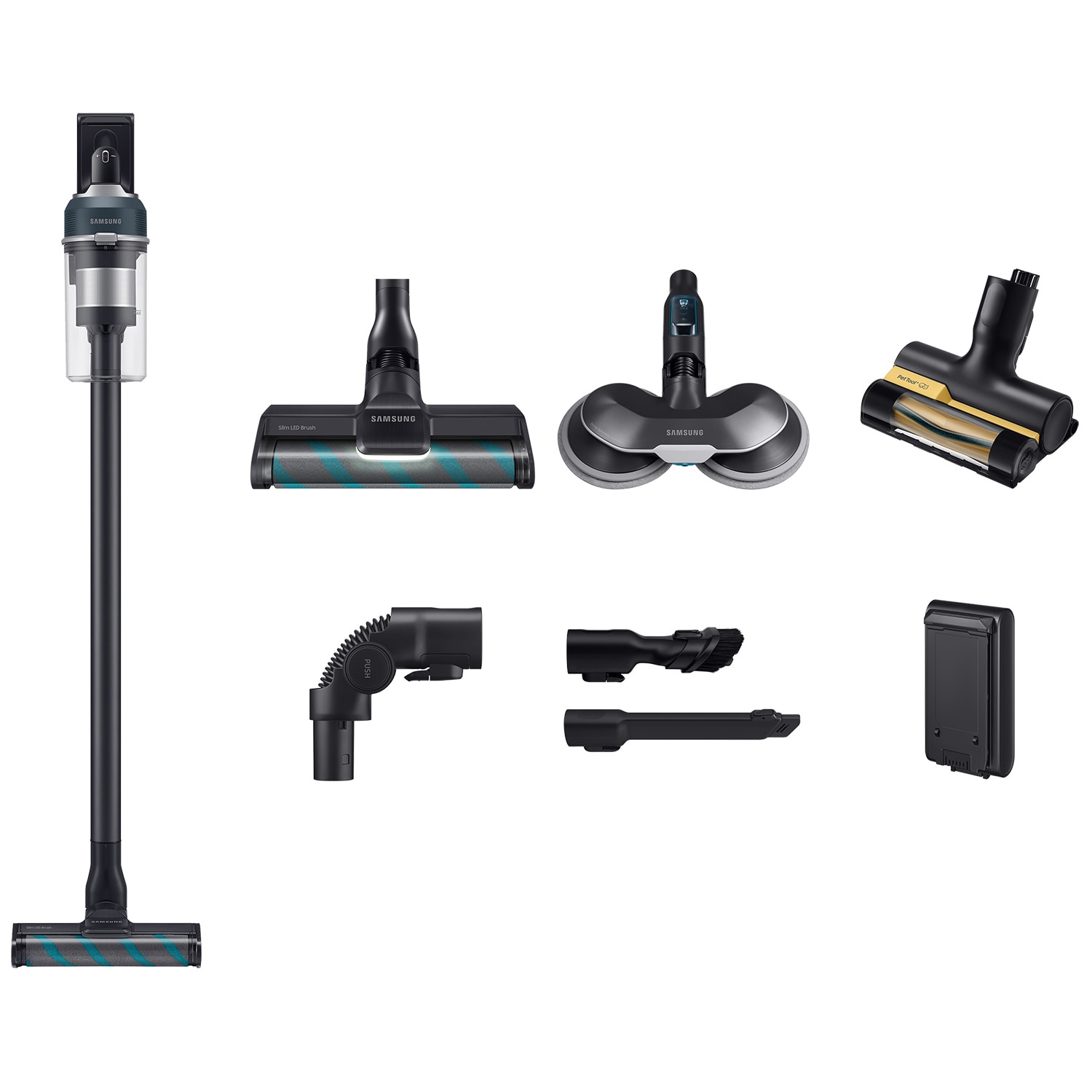 Samsung Jet 85 Premium VS20C852FTB/GE Upright Vacuum Cleaner, 0.8L, 25.2V, 580W, Digital Inverter, Slim LED Brush for Parquet, Mop Brush, Pet Brush, 60 min autonomy, Black-Blue