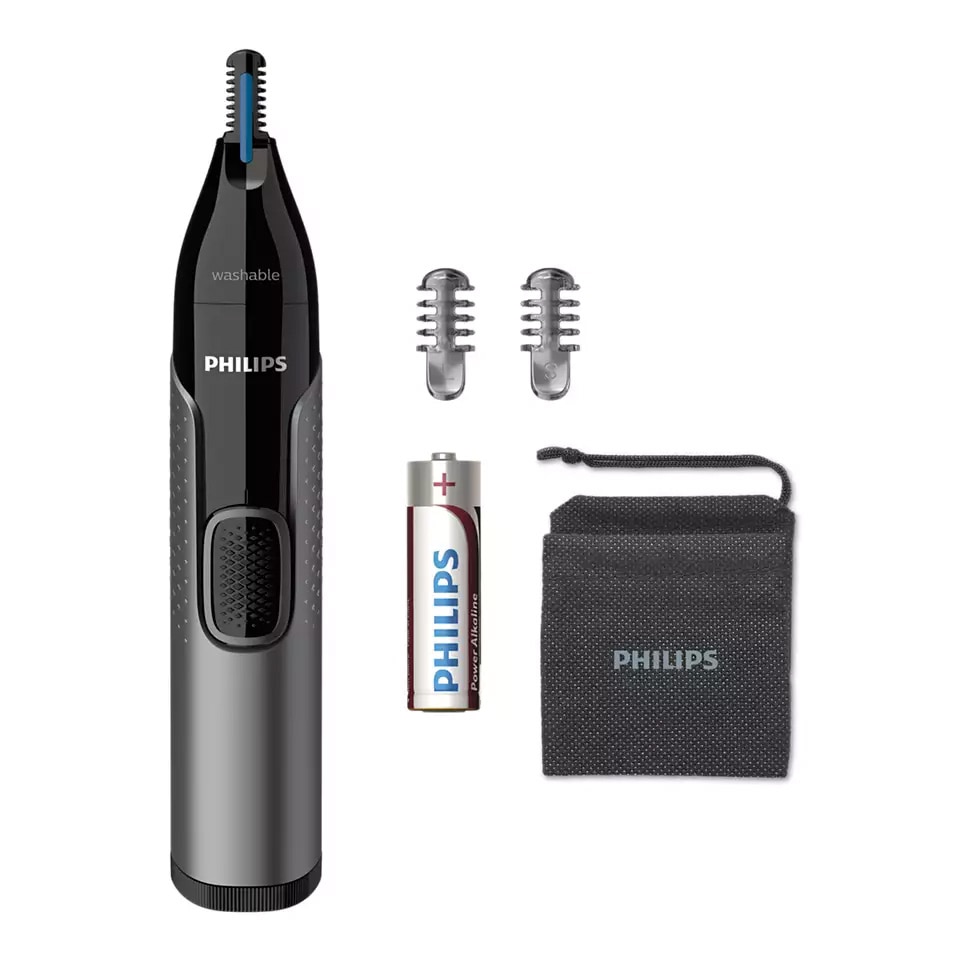 Philips NT365016 Nostril Trimmer, Battery, Washable, Precision Trim Technology, Stainless Steel, Eyebrow Comb, 5mm Comb, Gray