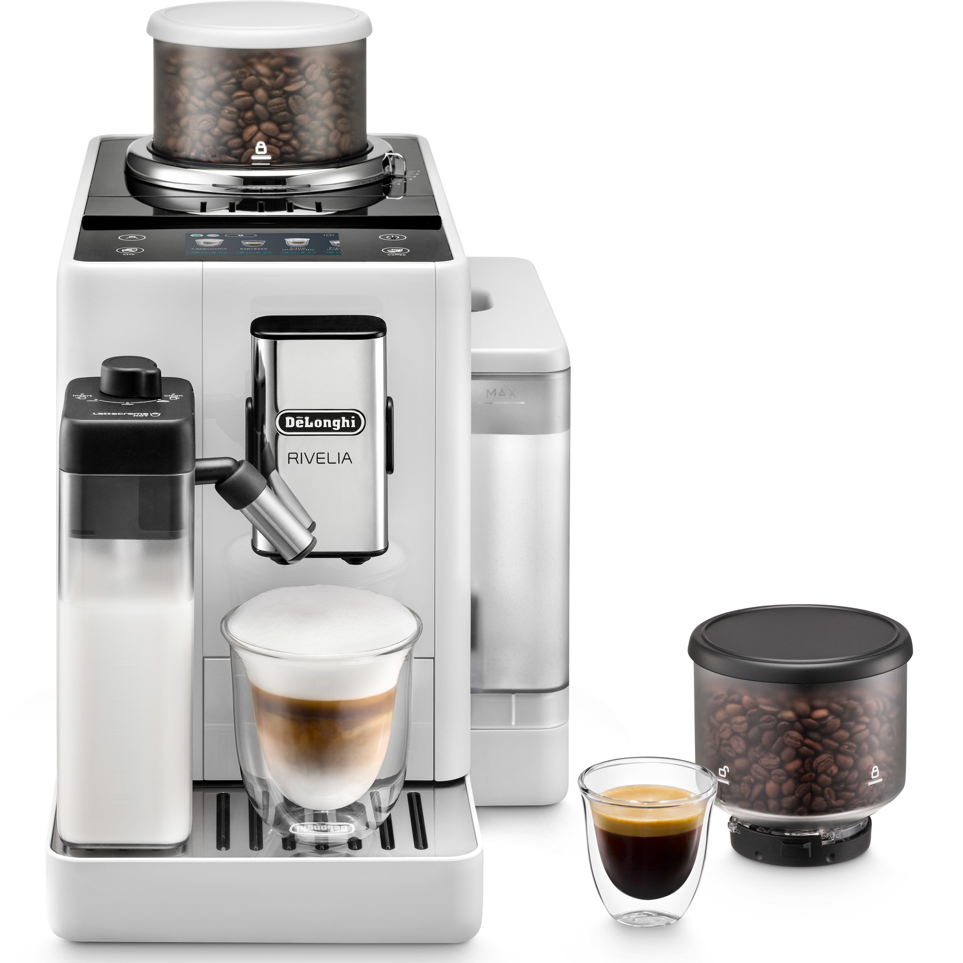 De'Longhi Rivelia EXAM 440.55.W automatic espresso machine, 0132215473, 1450W, 15 types of drinks, 19 bars, 2 bean containers, Bean Adapt Technology, Carafe with LatteCrema Hot technology, White