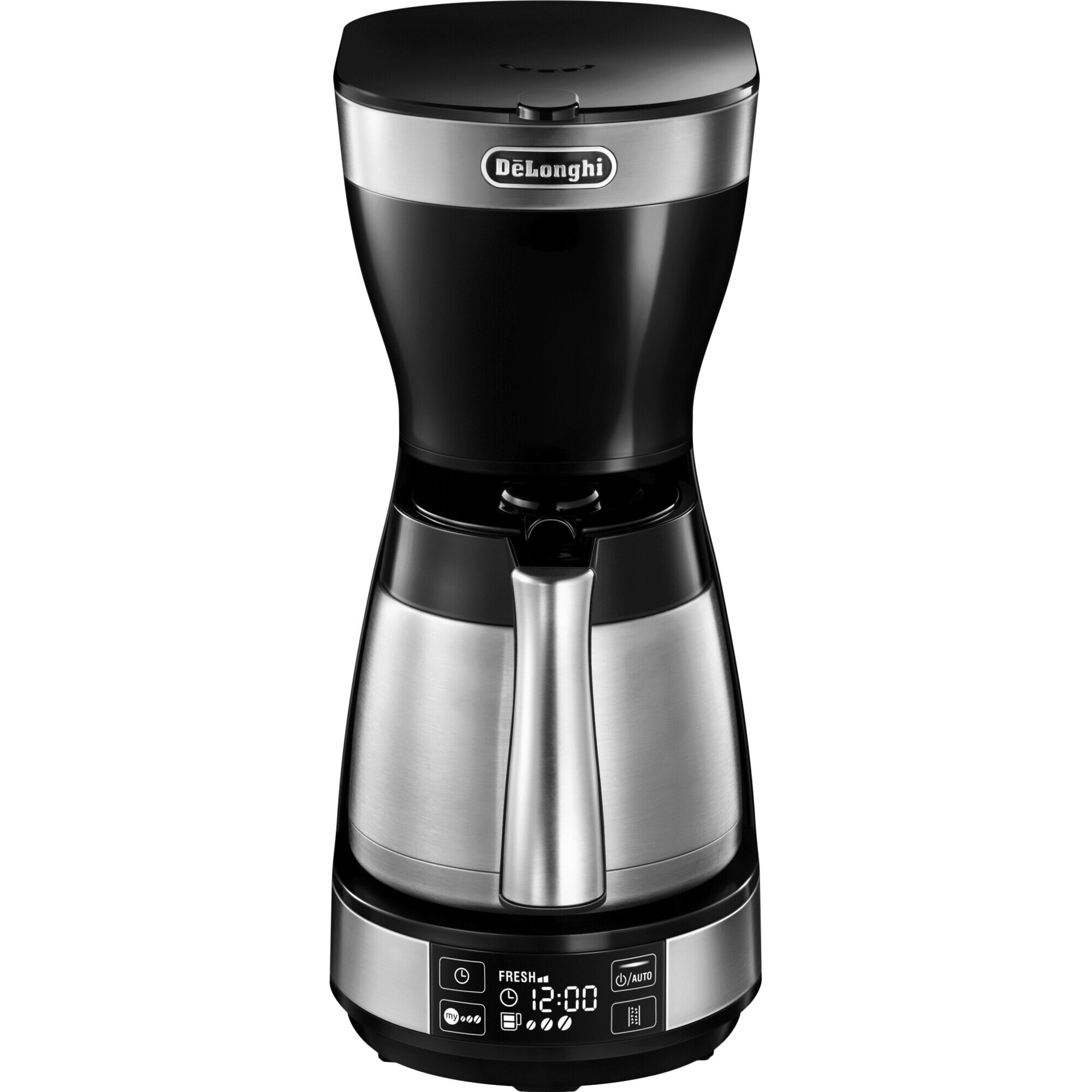 De'Longhi ICM16731 Coffee Maker, 1200W, Stainless Steel Thermal Carafe, 1.25 L Capacity, 10 Cups, LCD Screen, Timer, Aroma Selector, Anti-Drip System, Automatic Shut-Off, Stainless Steel/Black