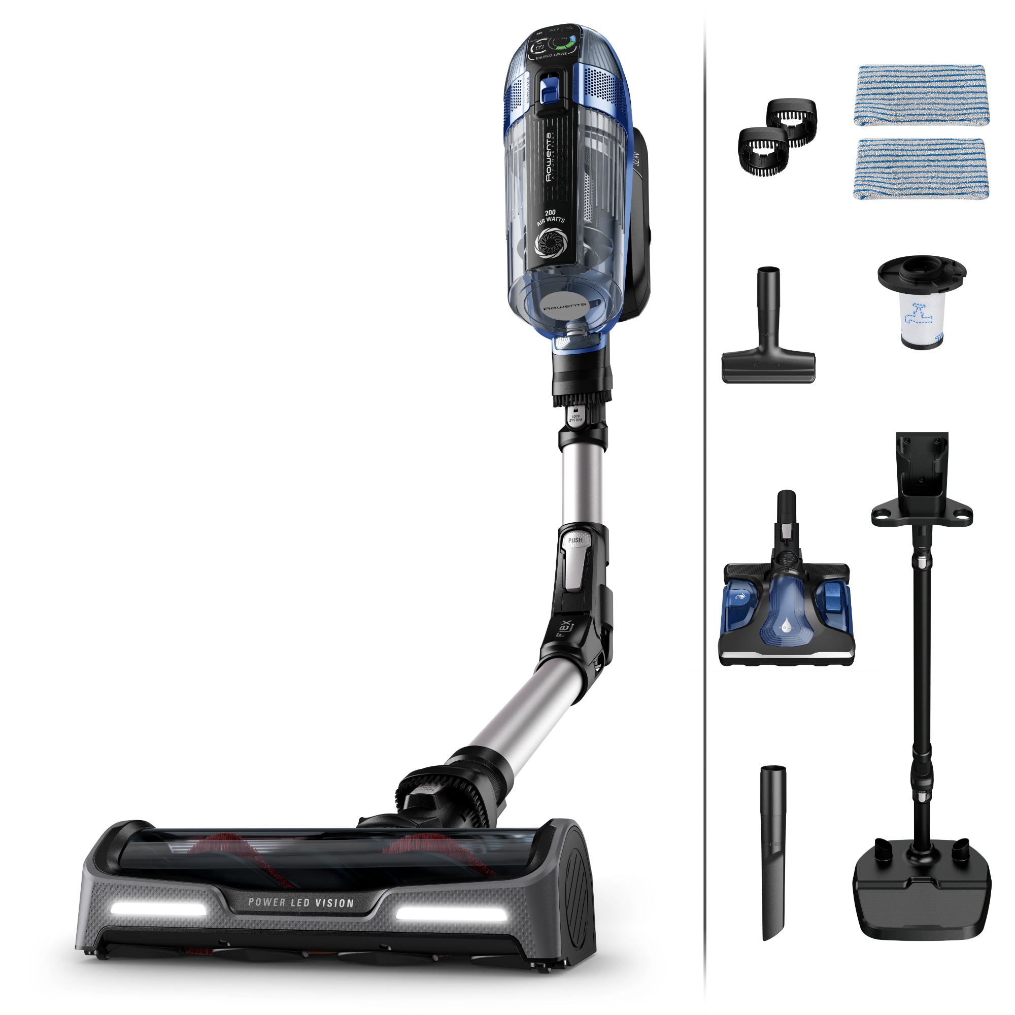 Vertical cordless vacuum cleaner Rowenta XForce Flex 146 Aqua RH99C3WO, 200 Air Watts, Boost function, autonomy 110h, power 480 W, flexible tube, LED lighting, automatic power adjustment, Aqua system, gray &amp; blue