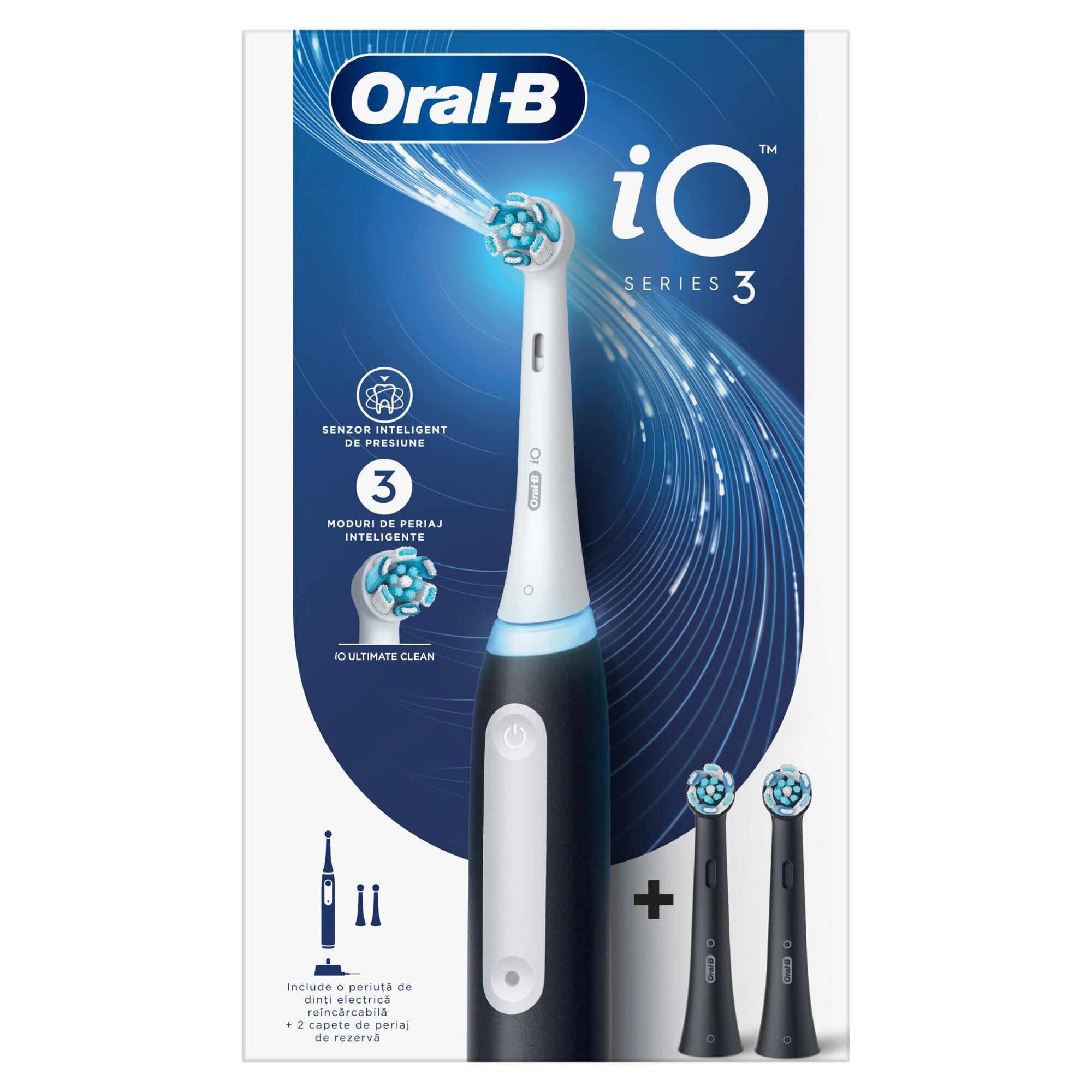 Oral-B iO3 Electric Toothbrush in Black with 3 Modes, Smart Pressure Sensor, and 3 Brush Heads