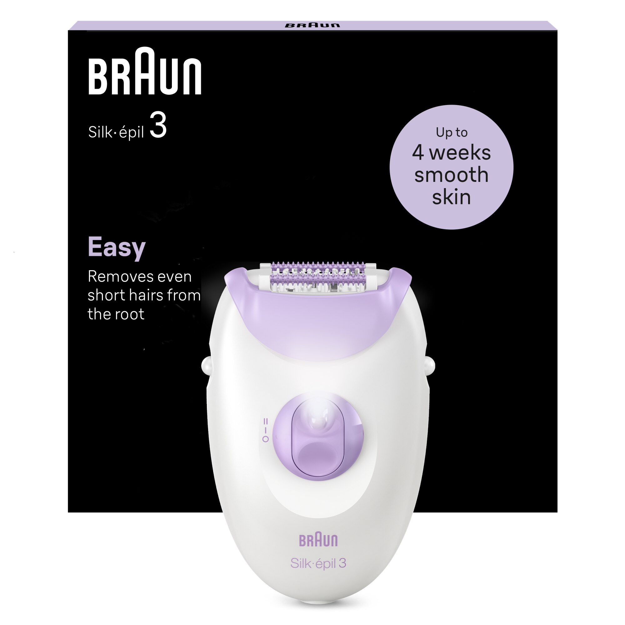 Braun Silk-épil 3 3-000 Epilator, MicroGrip, Smart Light, 20 Tweezers, 2 Speeds, Purple