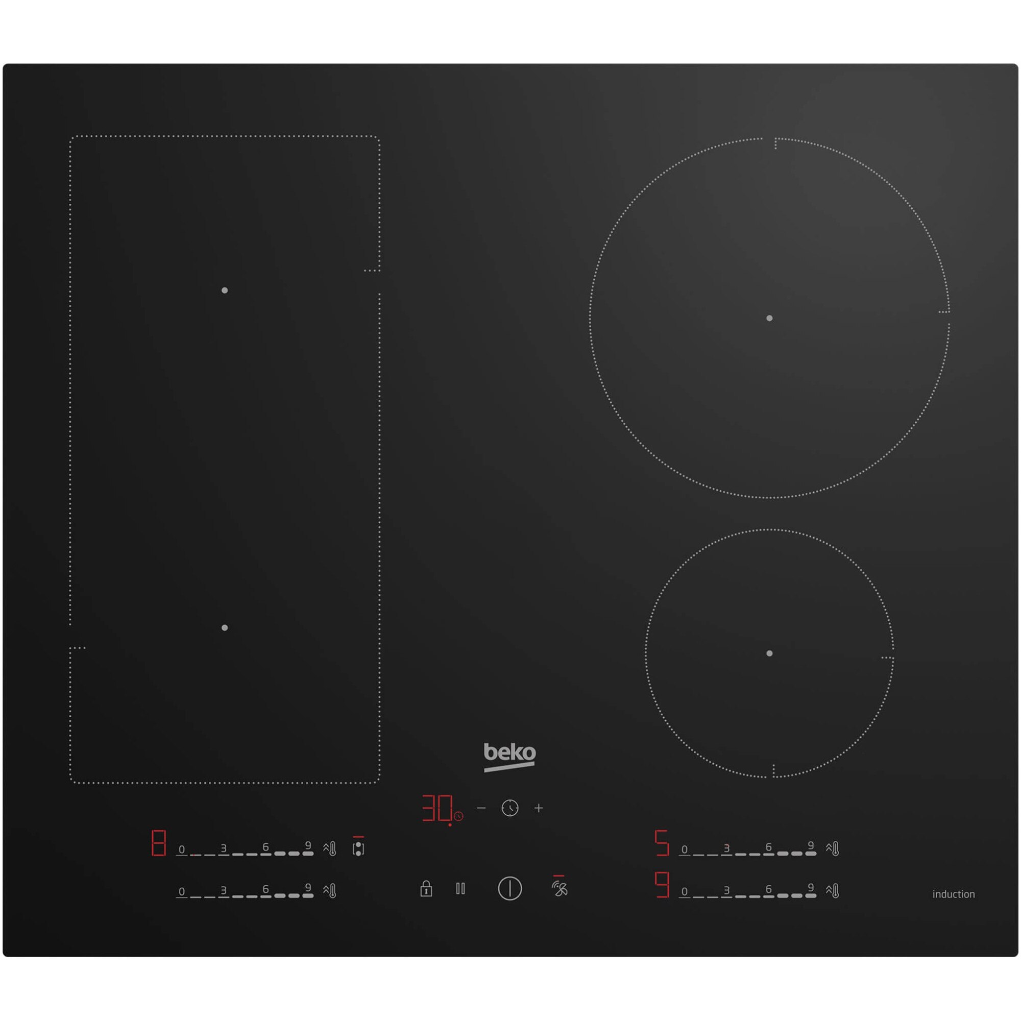 Plita incorporabila Beko HII64700UFT, Inductie, 4 zone de gatit, Hob2Hood, IndyFlex, Booster, Touch control, 60 cm, Sticla Neagra