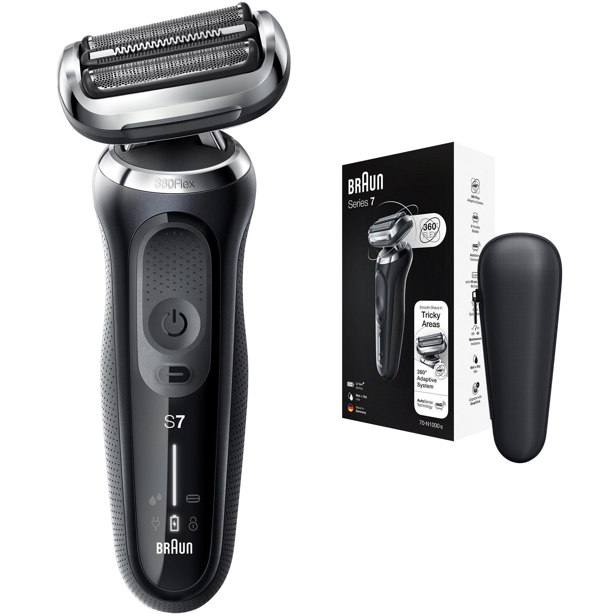 Aparat de ras electric Braun Series 7 71-N1000s, Wet&Dry, 4 elemente de taiere, SensoFlex, AutoSense, Trusa de voiaj, Negru