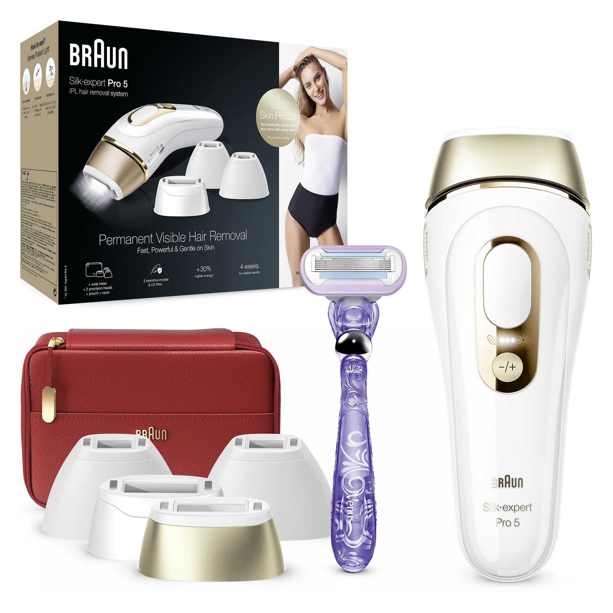Epilator IPL Braun Silk-expert PRO 5 PL5387 Senzor automat & continuu Skin pro 2.0, 400.000 impulsuri, 10 niveluri de intensitate, 125 de impulsuri pe minut, 2 x cap de precizie, cap lat, Trusa de voiaj, Aparat de ras Venus Swirl, Alb/Auriu