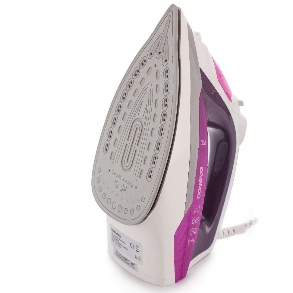 Fier de calcat Daewoo DSI20P, Talpa ceramica, 2400 W, 350 ml, 55 g/min, abur vertical, auto curatare, maner cauciucat, Violet
