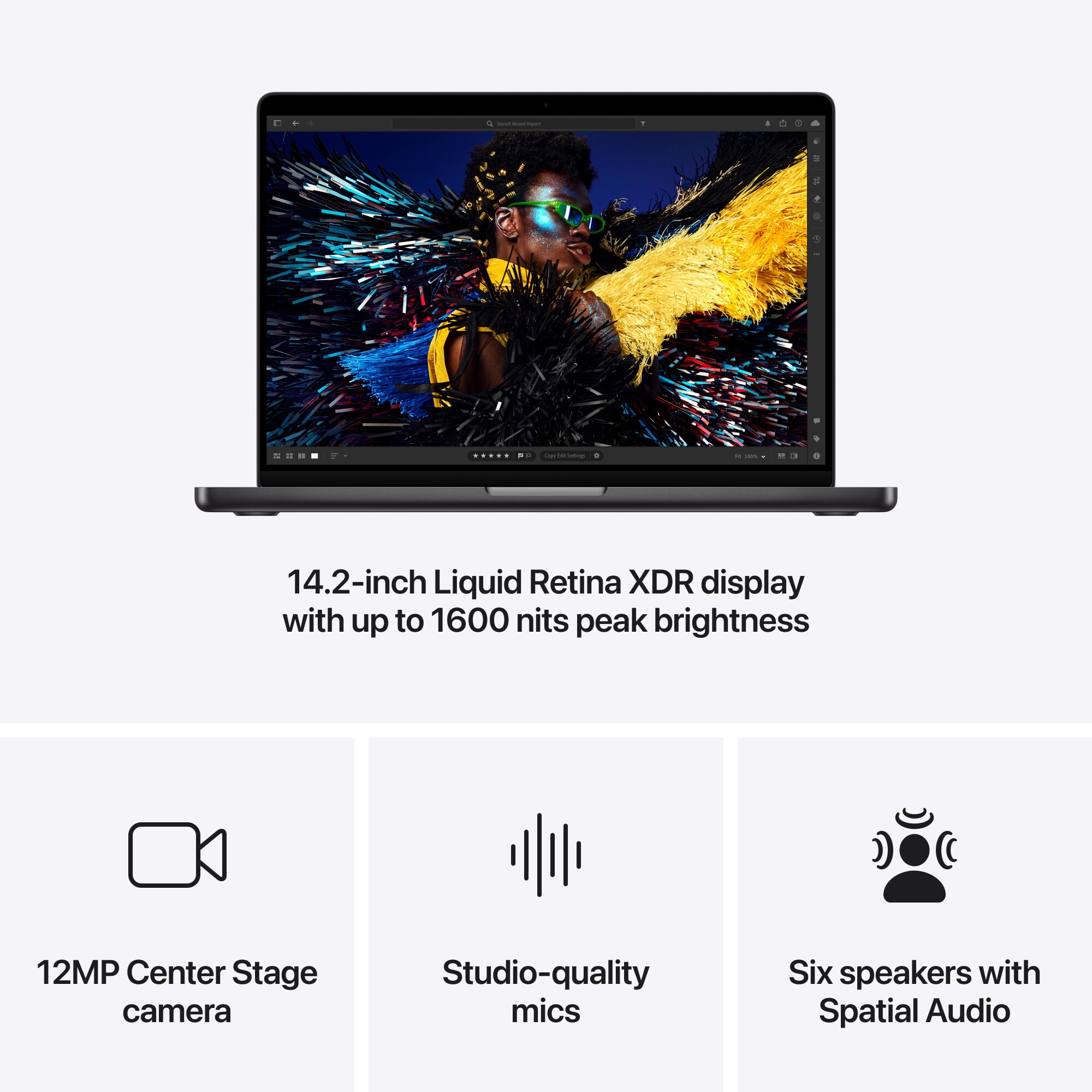 Laptop Apple MacBook Pro 14" cu procesor Apple M4, 10 nuclee CPU si 10 nuclee GPU, 16GB RAM, 512GB SSD, Space Black, Tastatura Internationala, Manual RO