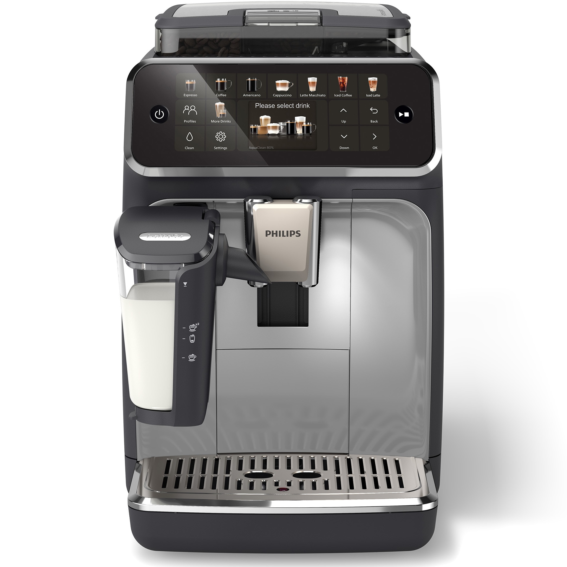 Philips EP5546/70 automatic espresso machine, 5500 series, 15 bar pressure, LatteGO milk solution, 20 types of drinks, touch screen, new SilentBrew technology - silent preparation, ceramic grinder, QuickStart function, additional jet, black silver