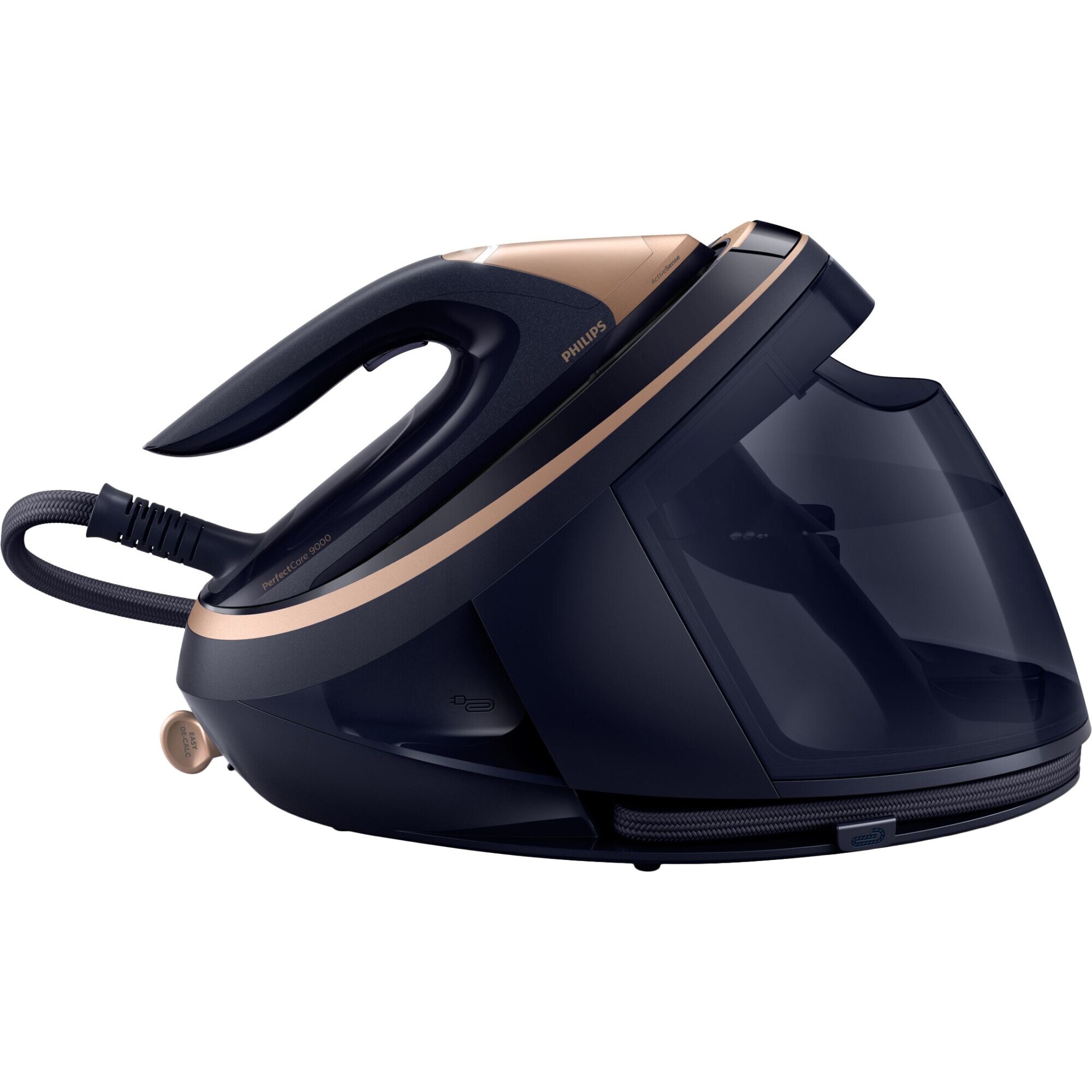 Statie de calcat cu abur Philips PerfectCare seria 9000 PSG9050/20, 3100W, 9 bari, jet de abur continuu 180g/min, jet de abur 750g, talpa SteamGlide Elite, tehnologie ActiveSense, capacitate rezervor 1.8l, Auriu/negru