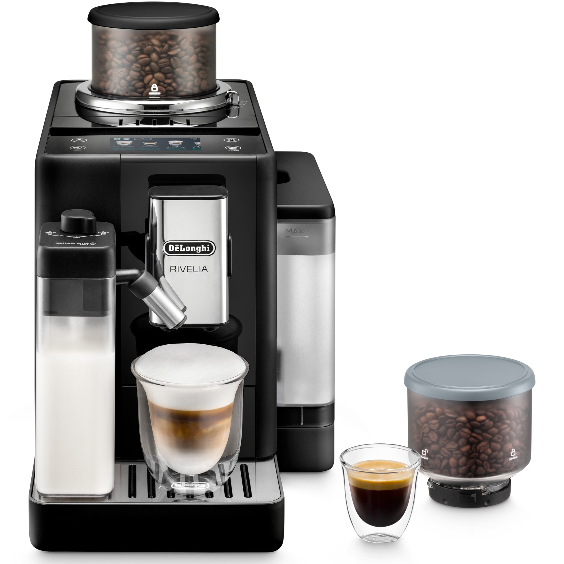 DeLonghi Rivelia EXAM 44055B automatic espresso machine, 0132215472, 2 bean containers, Bean Adapt Technology, carafe with LatteCrema Hot technology, 1450W, 19 bar, 14 l, Black