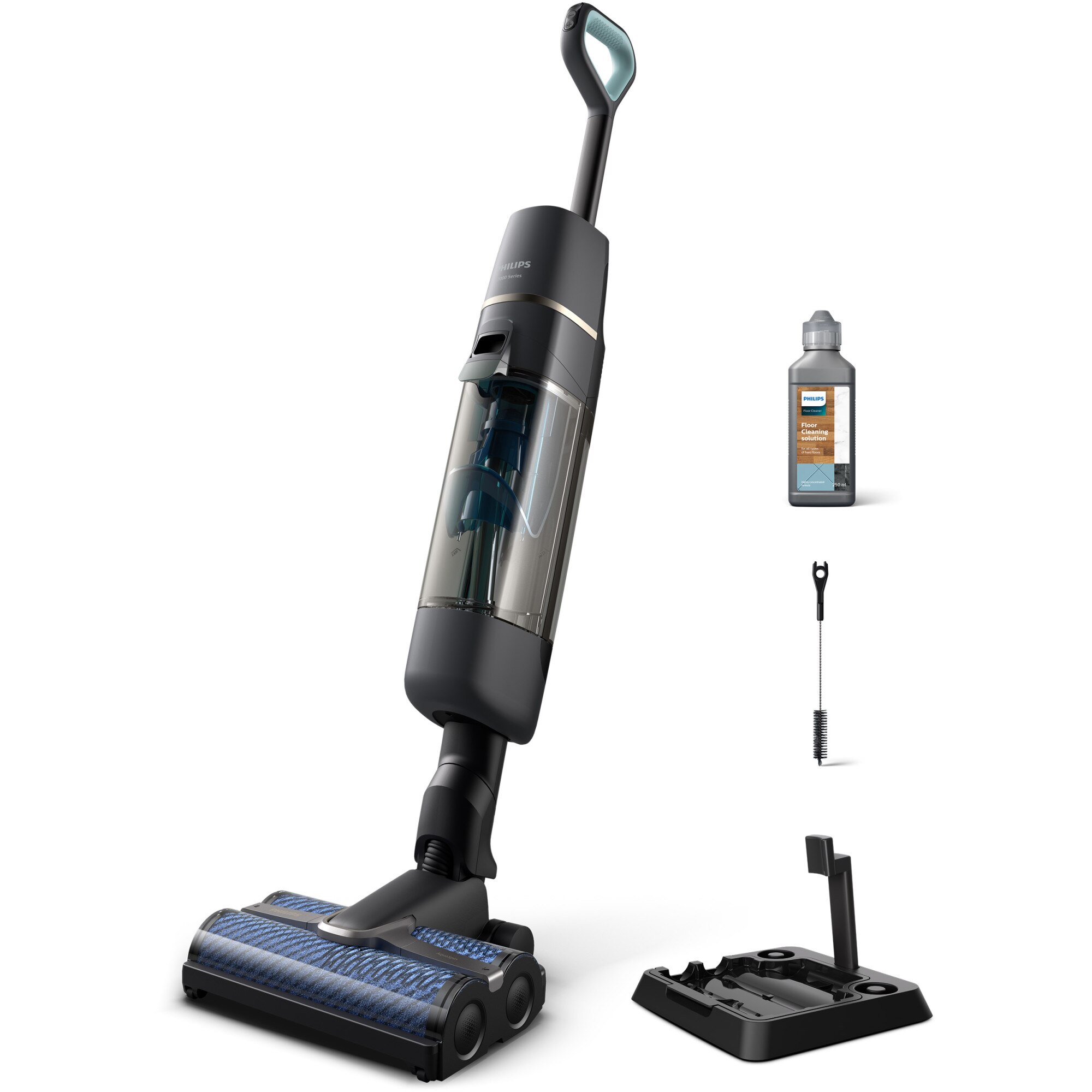 Philips 7000 Series Cordless Wet and Dry Upright Vacuum Cleaner, XW7110/01, AquaSpin Technology, High-speed rotating brushes with self-cleaning, Aqua Diffusione System, 3 cleaning modes, Flexible design, Post-cleaning and storage station, black