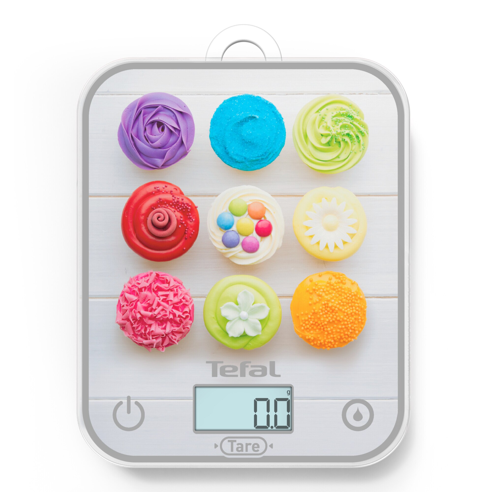 Tefal Optiss Cupcakes BC50D4V0 kitchen scale, 5 kg, tempered glass, Tare function, liquid weighing function, 0.5g accuracy, LCD display, hanging hook, multicolor