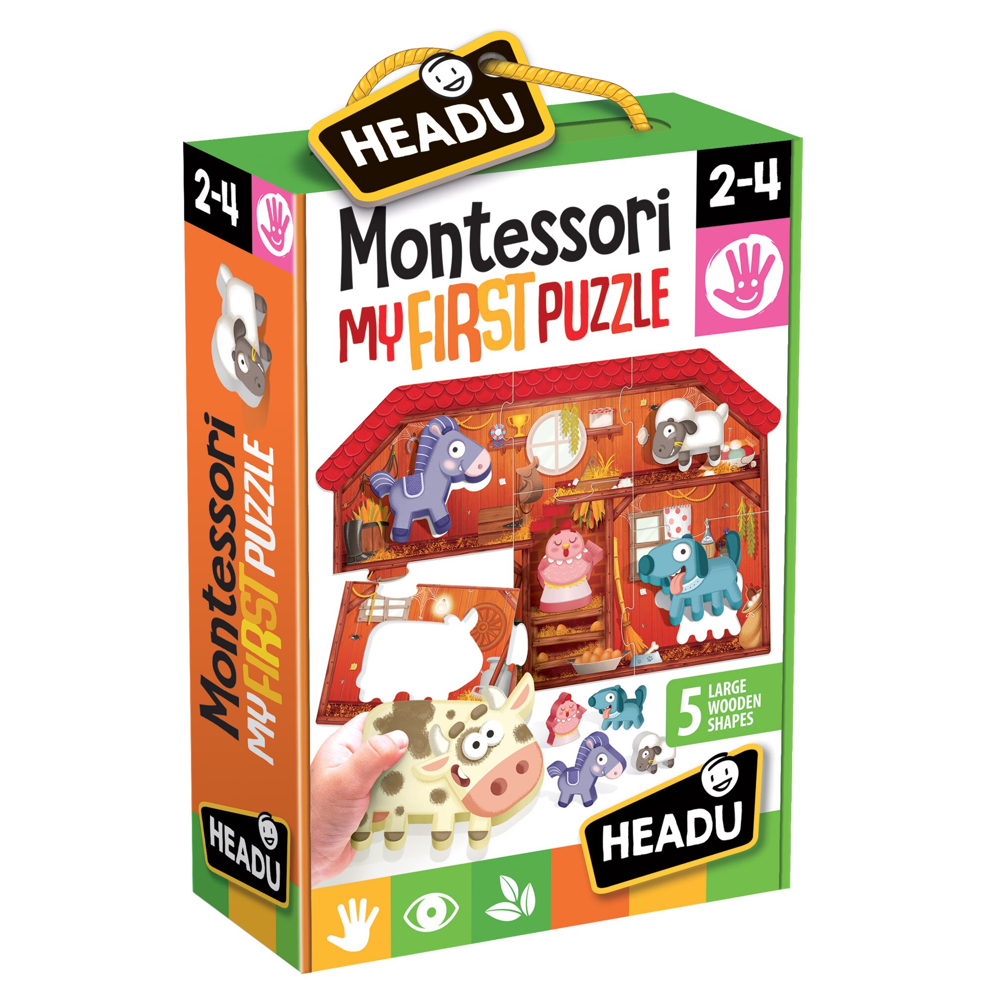 Puzzle Headu Montessori Primul meu puzzle - Ferma, 6 piese, 5 figurine lemn