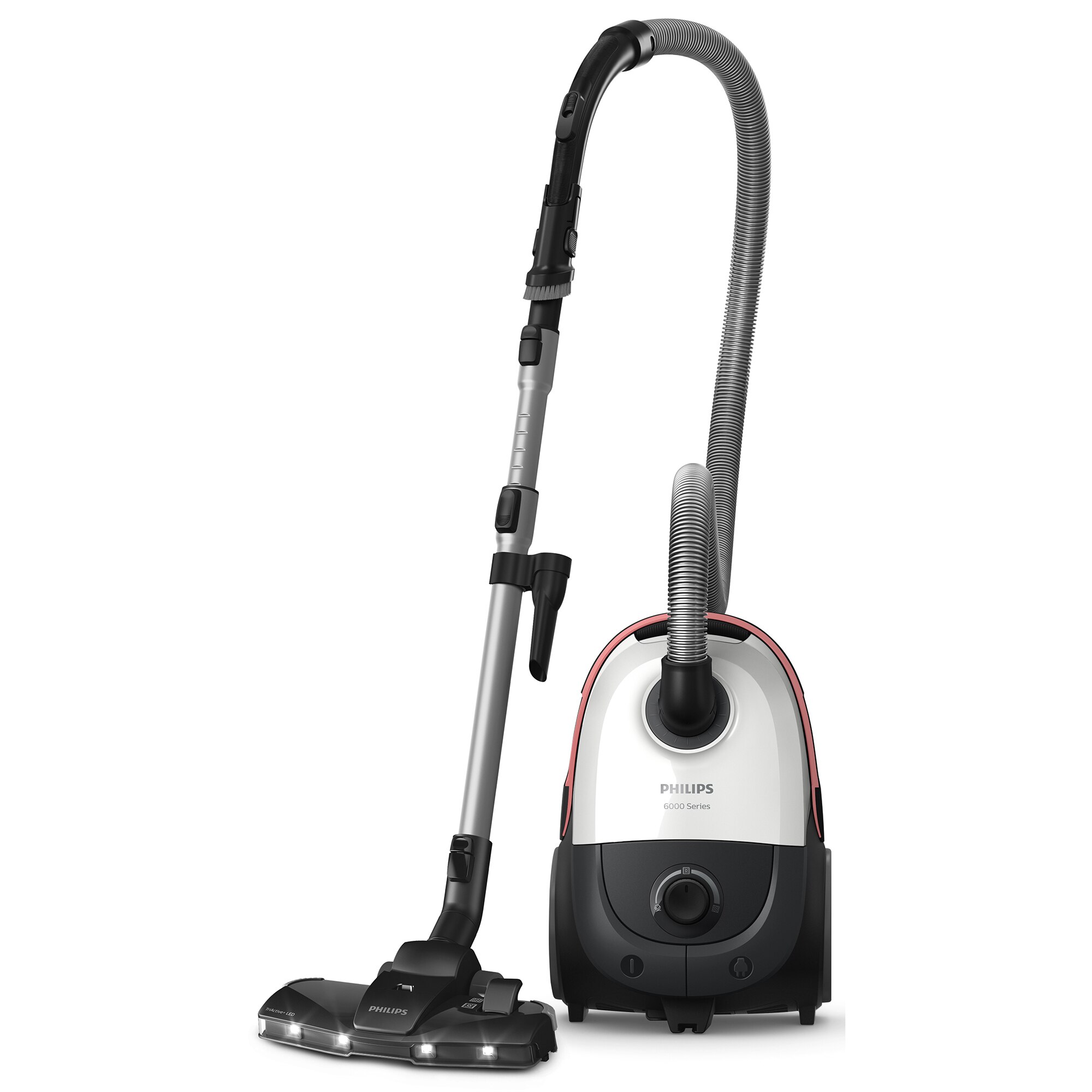 Philips 6000 series XD6122/12 bagged vacuum cleaner, 900W, HEPA filter, 77 db, TriActive LED suction head, new upholstery suction head, narrow space accessory, brush integrated in the handle, 4 Sbag 4L bags, color: Arctic white