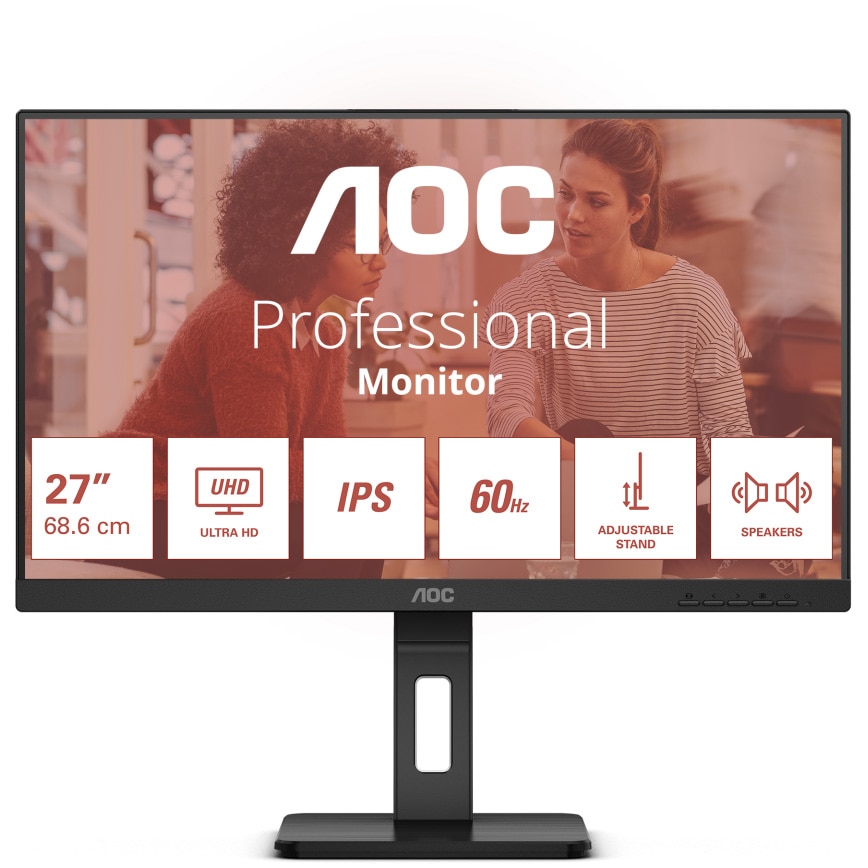 Monitor AOC, 27", IPS, 4K, UHD, 60Hz, 4ms, FlickerFree, Boxe 2W x 2, HA, Pivot, HDMI, DisplayPort, USB, hub, U27E3UF, Negru