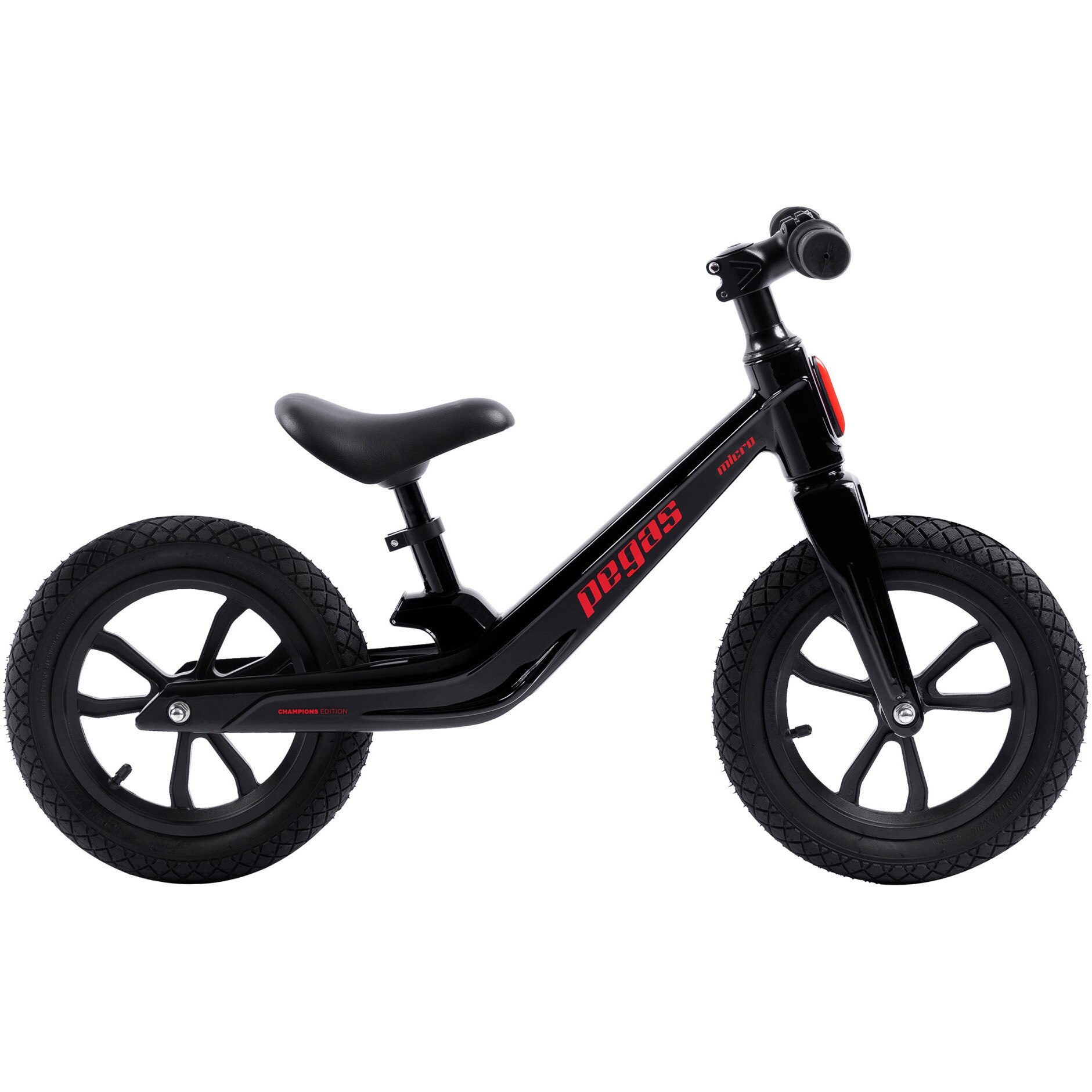 Pegas Micro children's bike, no pedals, magnesium, ski kit, 12" wheels, Black/Red