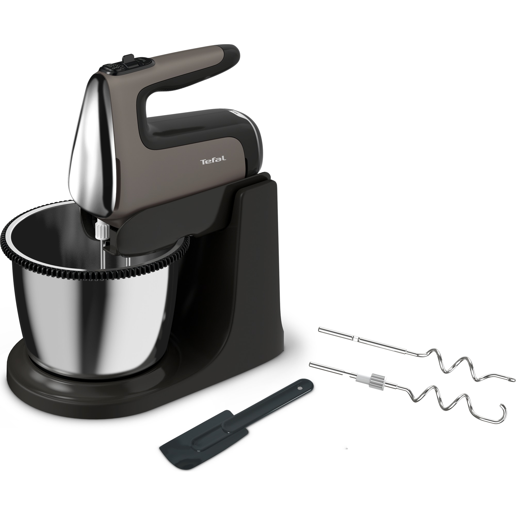 Tefal PowerMix Silence HT654E38 bowl mixer, 600 W, automatic bowl rotation, turbo function, 2 stainless steel whisks, 2 stainless steel hooks, spatula, silver/black