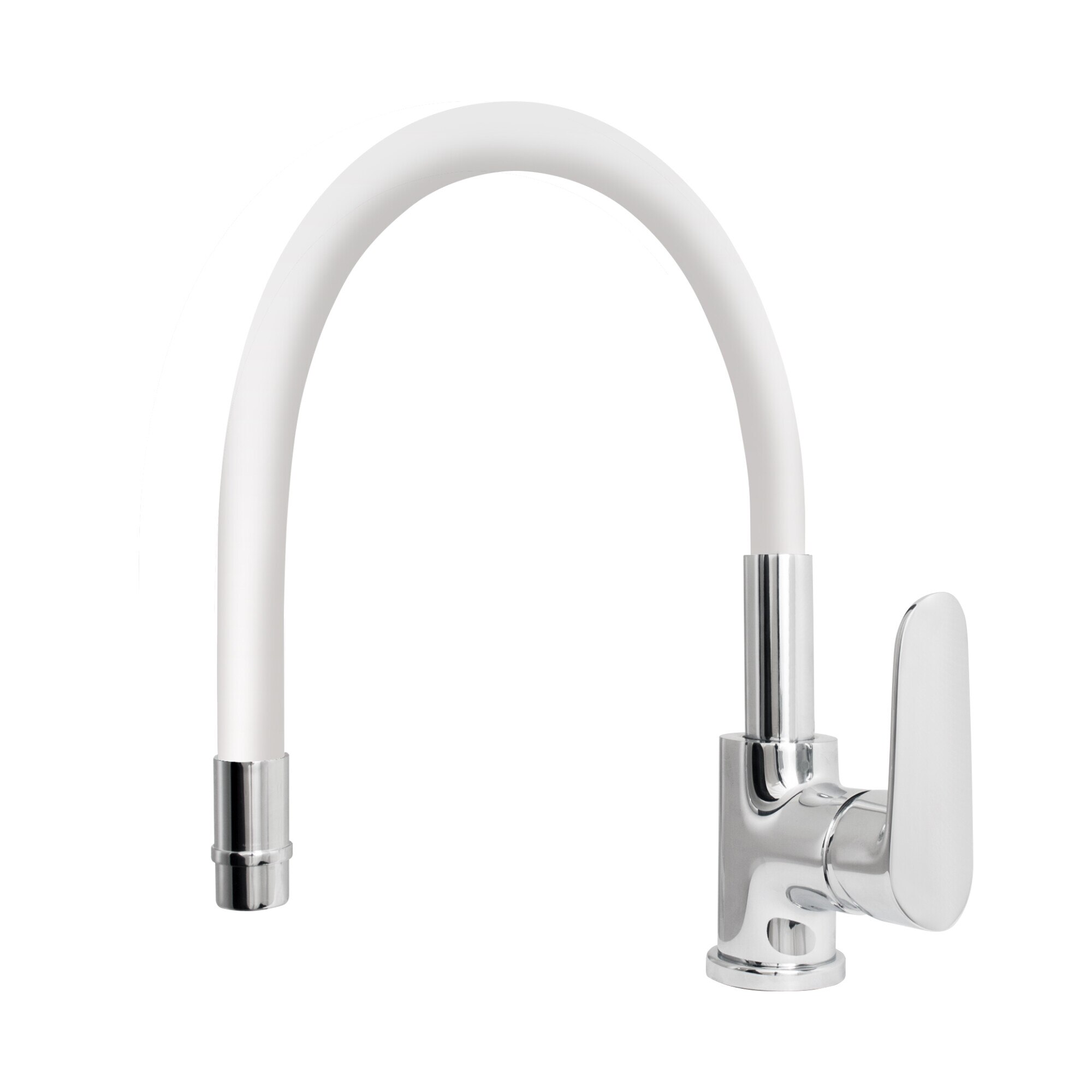 Baterie bucatarie Idrobric Torpedo, pipa inalta, pivotanta, silicon flexibil, dispersor din alama 1 jet, crom lucios/alb, cartus ceramic ø 35 mm, racord flexibil inox F3/8, 40 cm, kit de montaj rapid