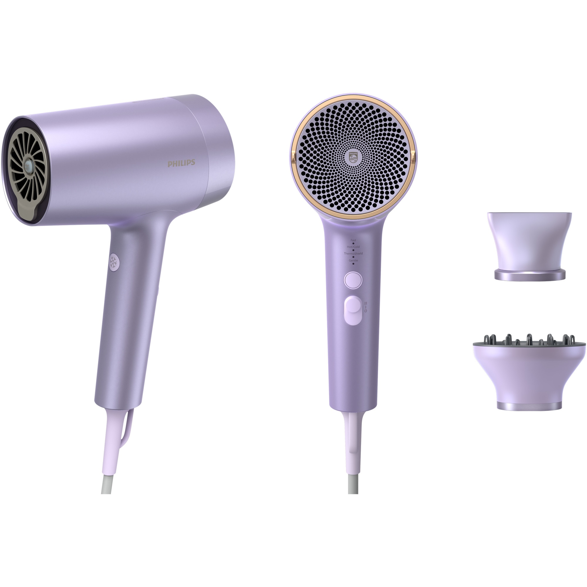 Hair dryer Philips Series 7000 BHD72010, 1800W, ThermoShield Advanced technology, mineral ion care, 2 speed settings, 4 temperature settings, styling head 11 mm, magnetic diffuser, Purple metallic