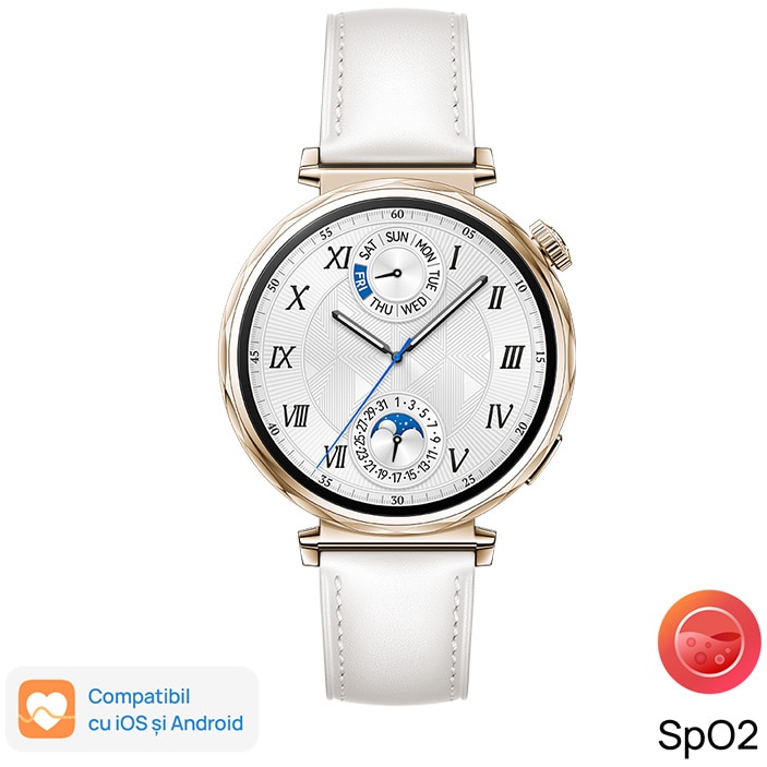 Smartwatch Huawei Watch GT 5, 41MM, Pale Gold Stainless Steel Case, White Composite Leather Strap