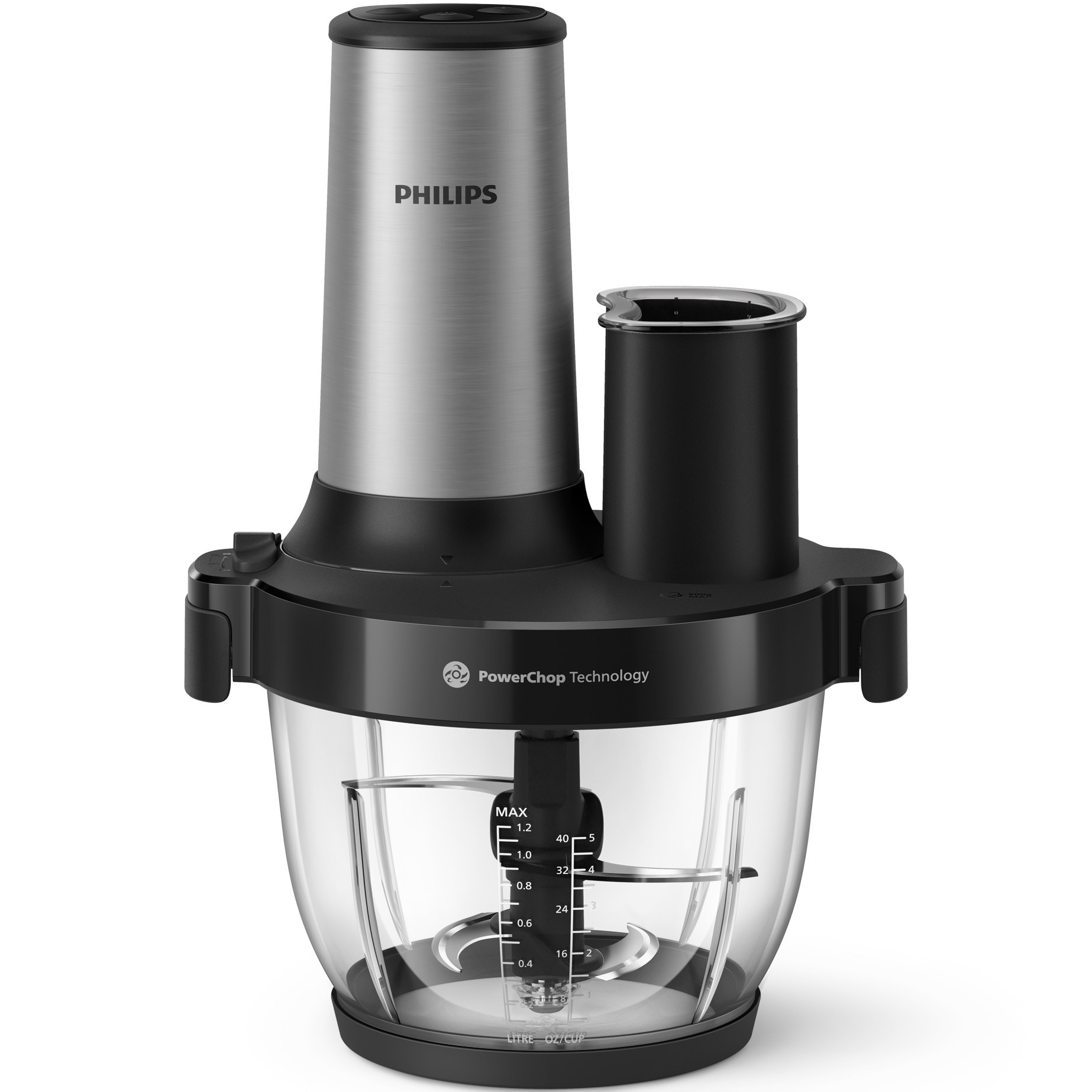 Philips HR1504/00 chopper, 3000 series, 3-1, 650 W, PowerChop technology, 4 blades, 2l bowl capacity, 4 speeds, metal exterior material, plastic bowl material, accessories slicing blade, grating blade and S blade