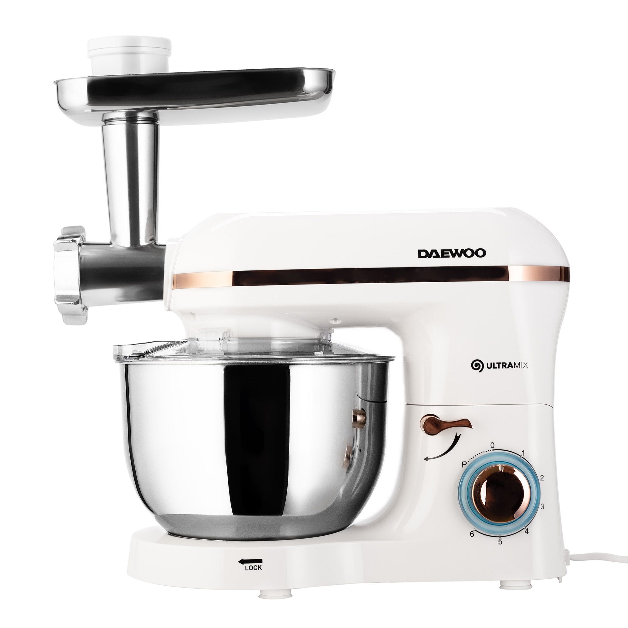 Daewoo DHM200MGW bowl mixer, 2000W, bowl capacity 5.5l, chopper accessory, chopping capacity 1.2 kg/min, 3 stainless steel cutting discs, whisk, kneading hook, mixing paddles, White
