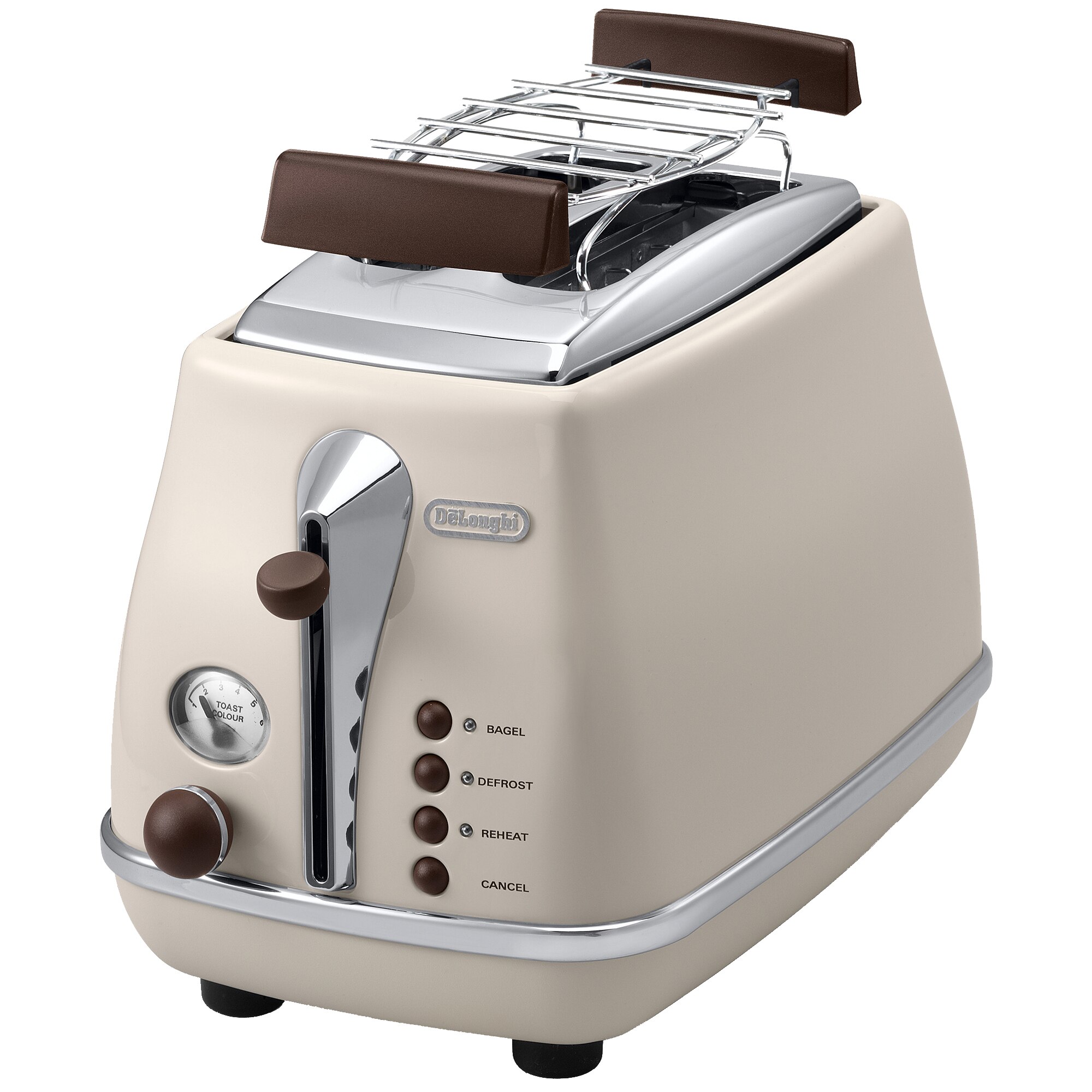 Prajitor de paine De'Longhi Icona Vintage CTOV 2103BG, 900 W, 2 Felii, Control electronic rumenire, Suport de incalzire, Crem