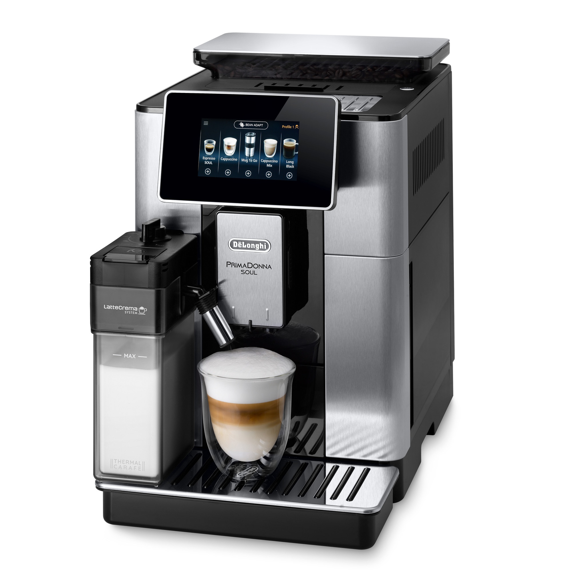De'Longhi PrimaDonna SOUL ECAM 610.75.SB automatic espresso machine, 1450W, 21 types of drinks, 19 bars, Milk carafe, LatteCrema system, Bean Adapt technology grinder, Coffee Link App, Silver