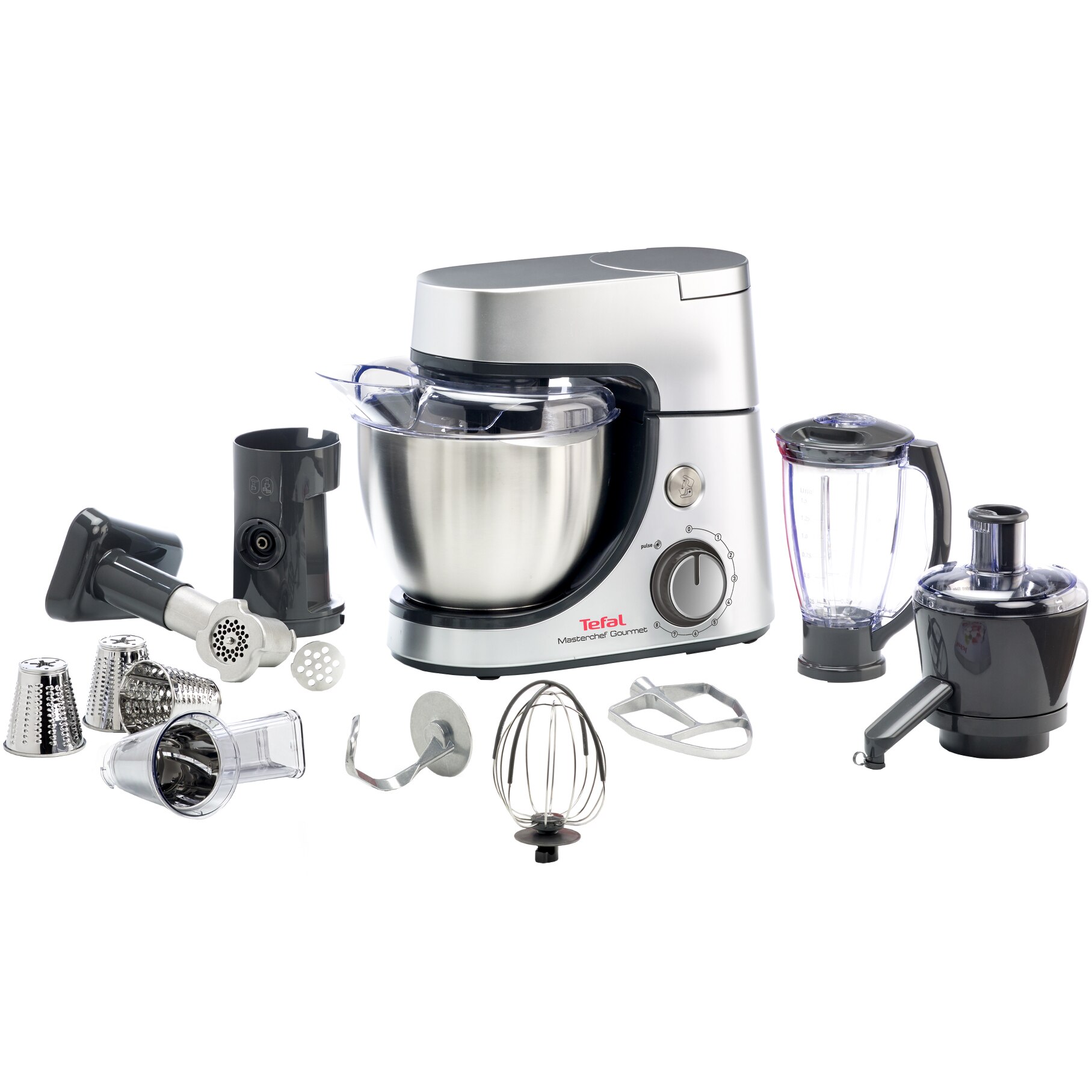 Robot de bucatarie Tefal Masterchef Gourmet QB515D38, 1100 W, Tel Flex, Miscare planetara, Blender, Bol 46 L, Masina de tocat carne, Gri