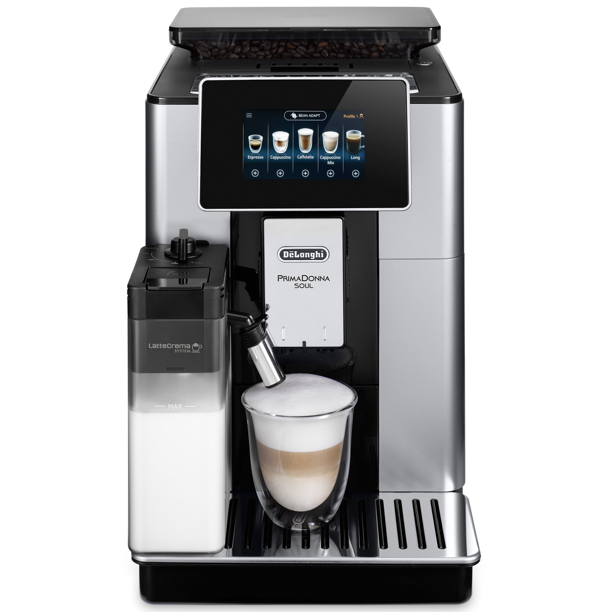 De'Longhi PrimaDonna SOUL ECAM 610.55.SB automatic espresso machine, 1450W, 16 types of drinks, 19 bars, Milk carafe, LatteCrema system, Bean Adapt technology grinder, Coffee Link App, Black silver
