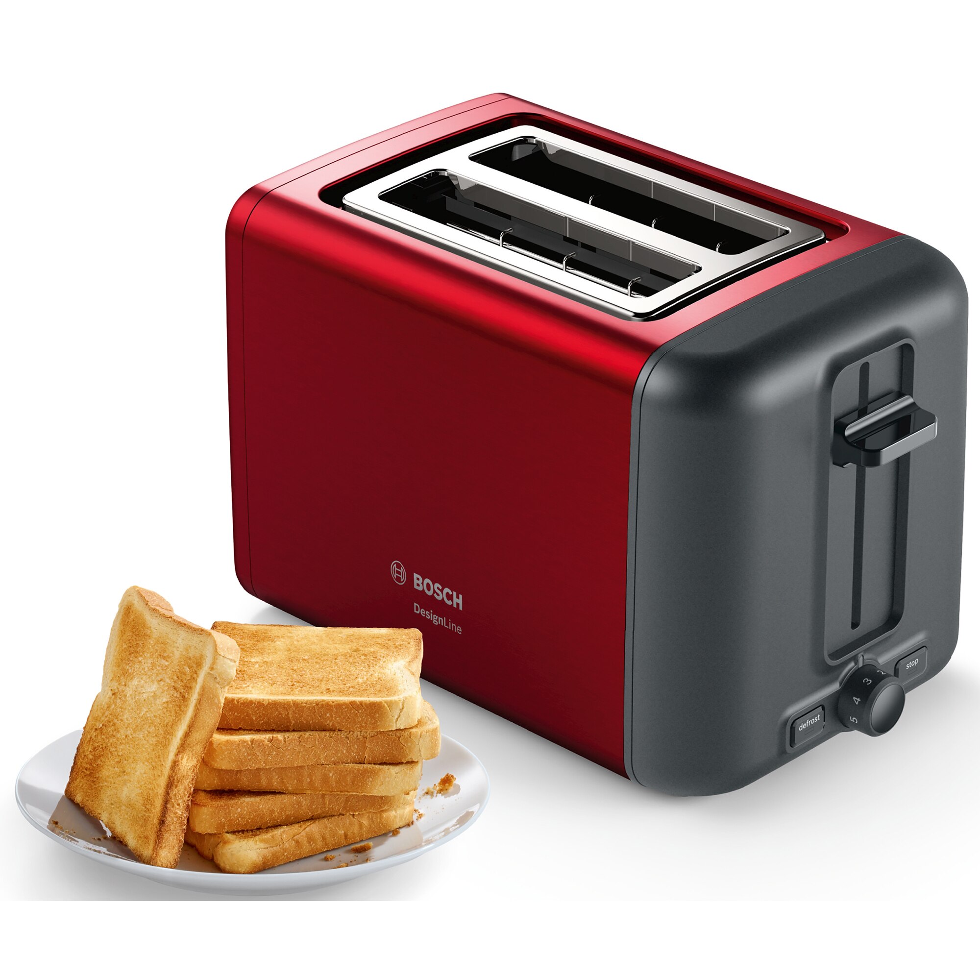 Toaster Bosch DesignLine TAT3P424, 970 W, 2 slices, Red